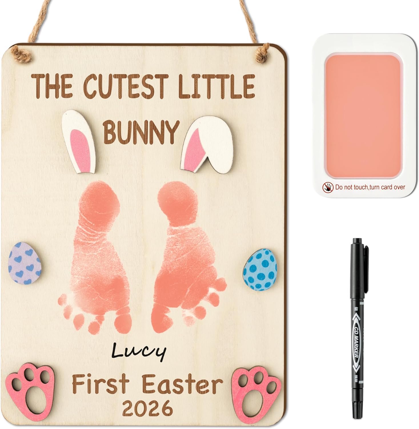 R HORSE 3D Baby's First Easter DIY Footprint Art Hanging Sign front view showing wooden bunny ears details.