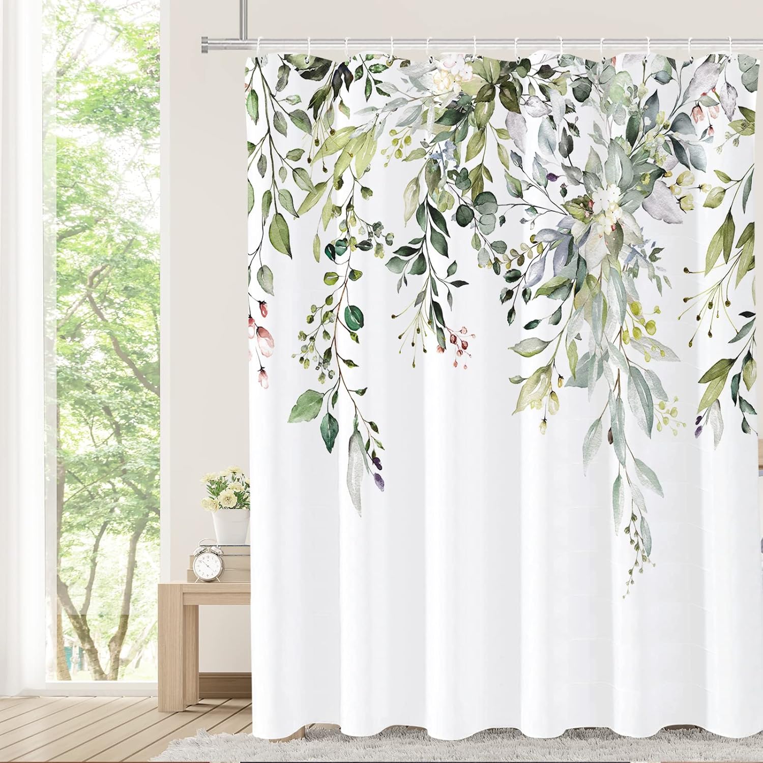 Tititex sage green eucalyptus shower curtain front view showing watercolor leaves design hanging in a modern bathroom.