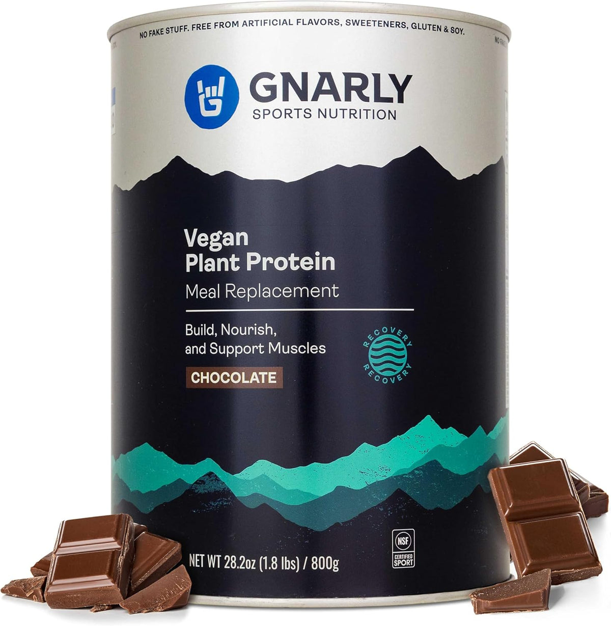 Gnarly Nutrition Vegan Plant Protein Chocolate tub front view showing NSF Sport Certified logo.