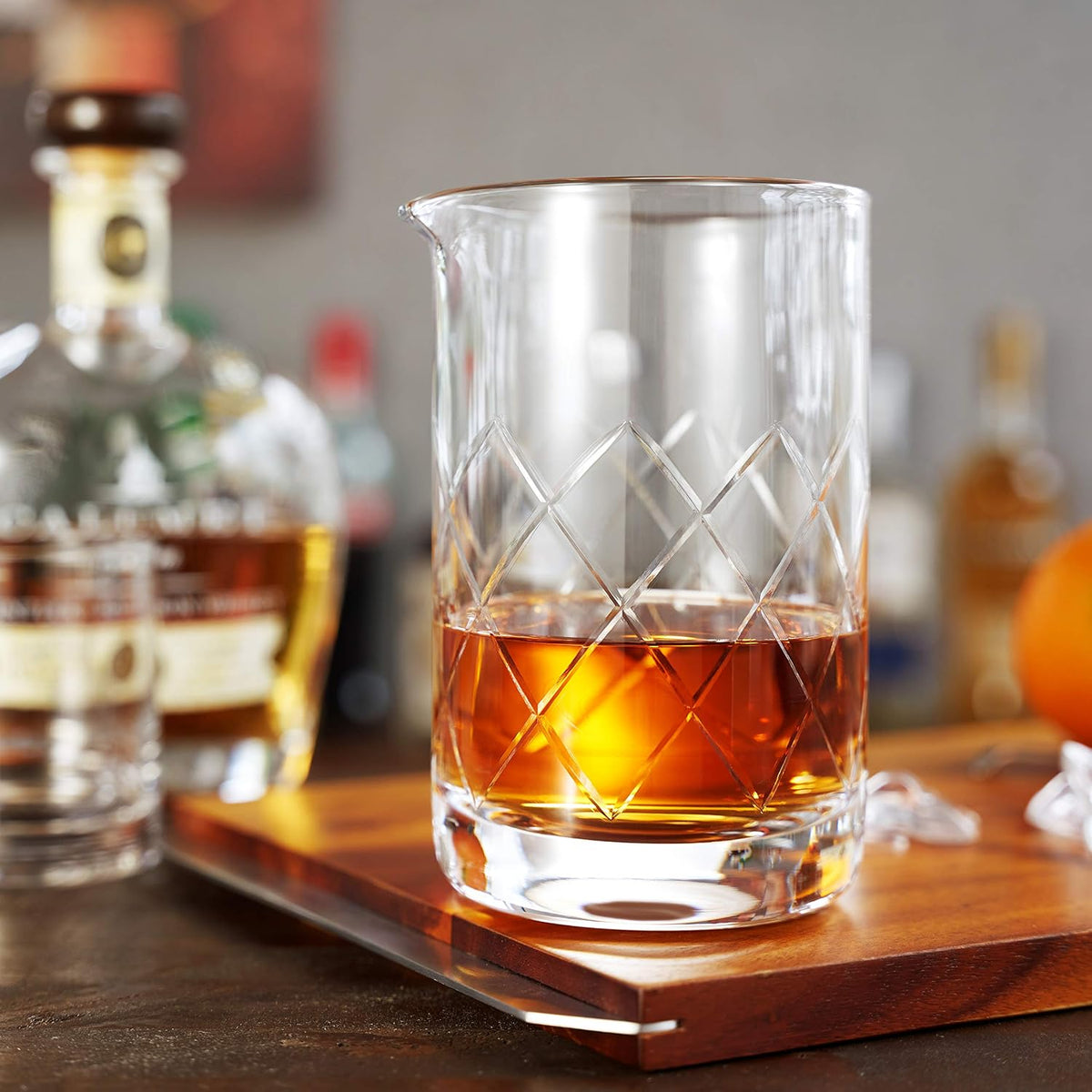 Side profile of the Viski mixing glass showcasing geometric faceted sides.