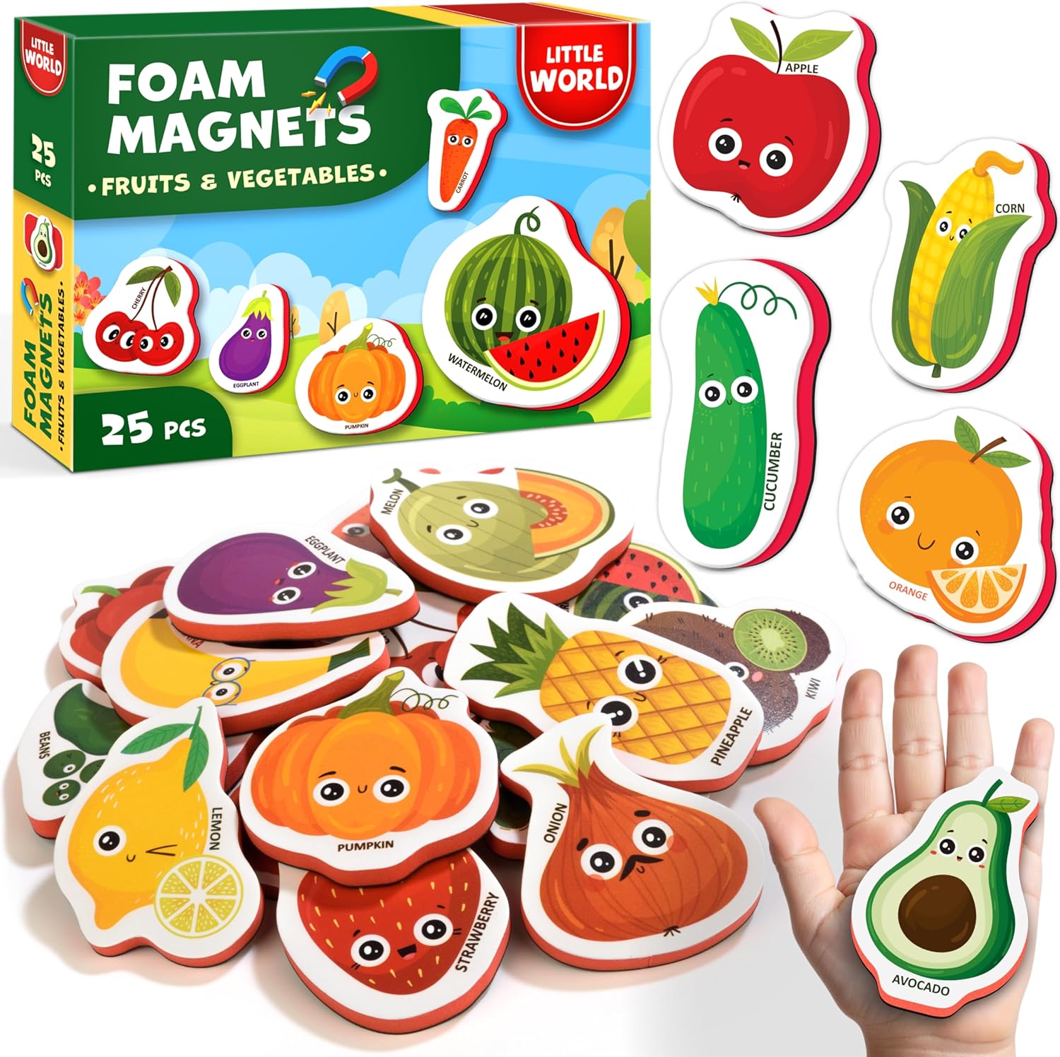 Little World safe foam fridge magnets for toddlers front view in gift box packaging.
