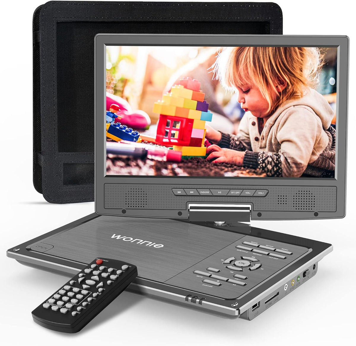 WONNIE portable car headrest DVD player front view with open light grey swivel screen displaying a colorful menu