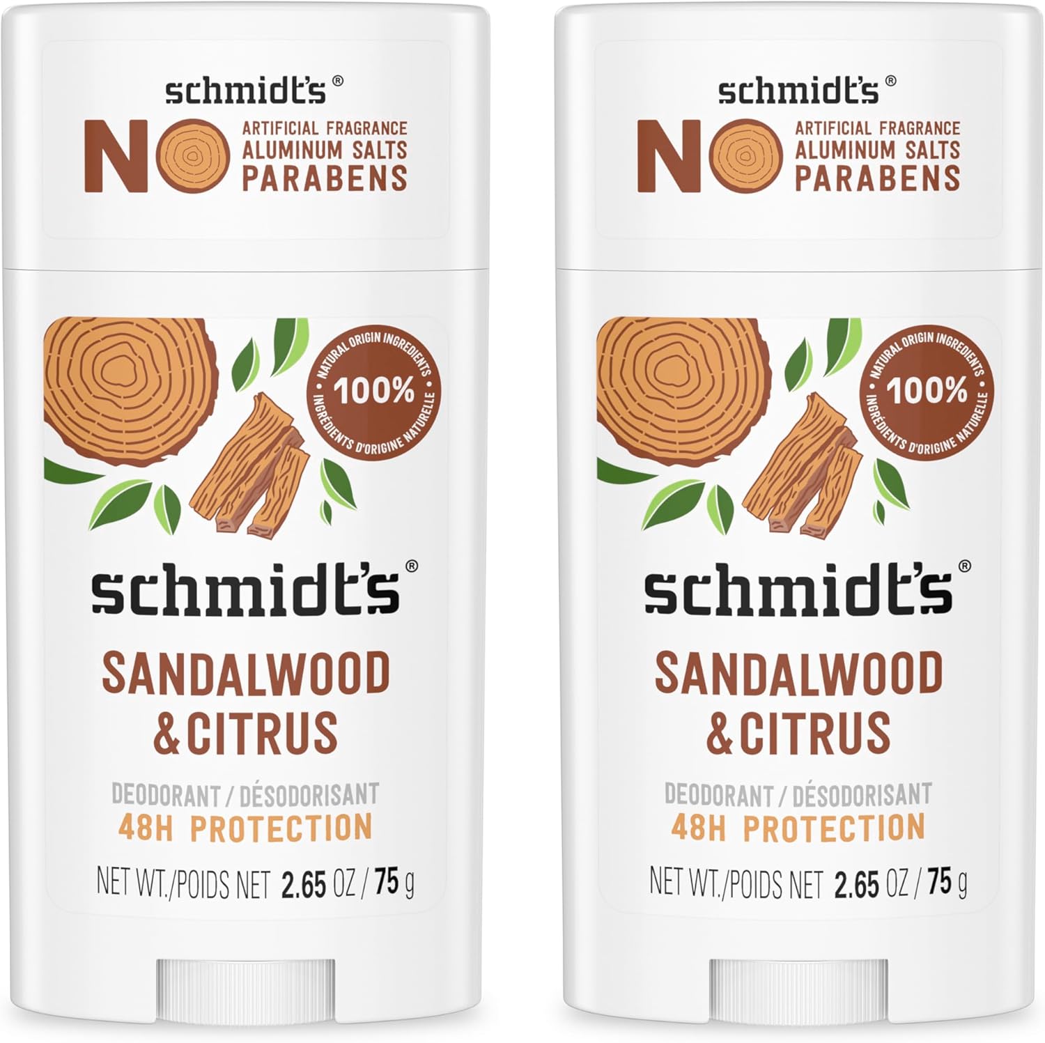 Schmidt's Aluminum Free Vegan Deodorant Sandalwood and Citrus two count front view