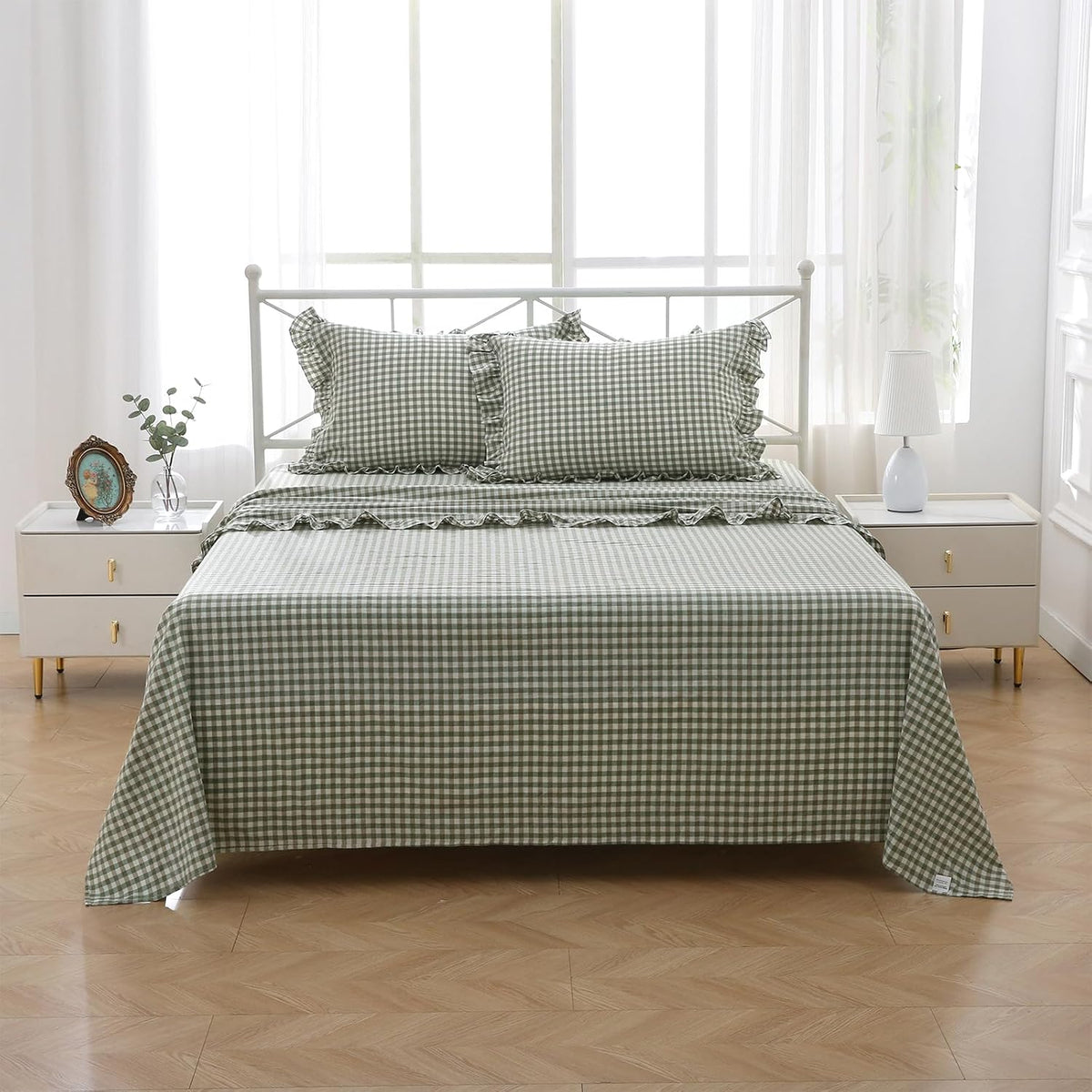 Sage Green White Gingham Ruffle Sheets Twin Size 4-Piece Set | 18" Deep Pocket, 100% Washed Cotton, Farmhouse Checkered Decorative Bedding Set with Pillow Shams - Image 9