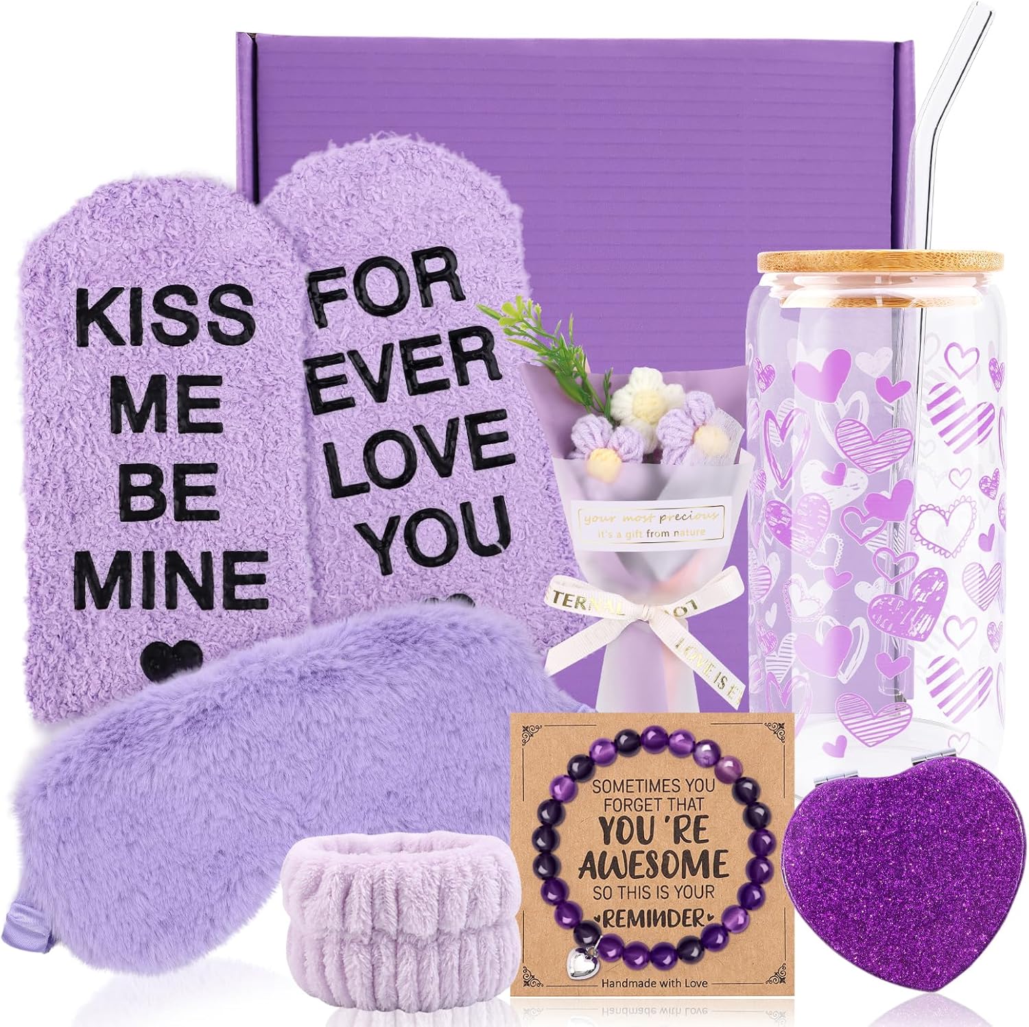 FBBP purple lavender gift basket for women front view featuring luxury self care items