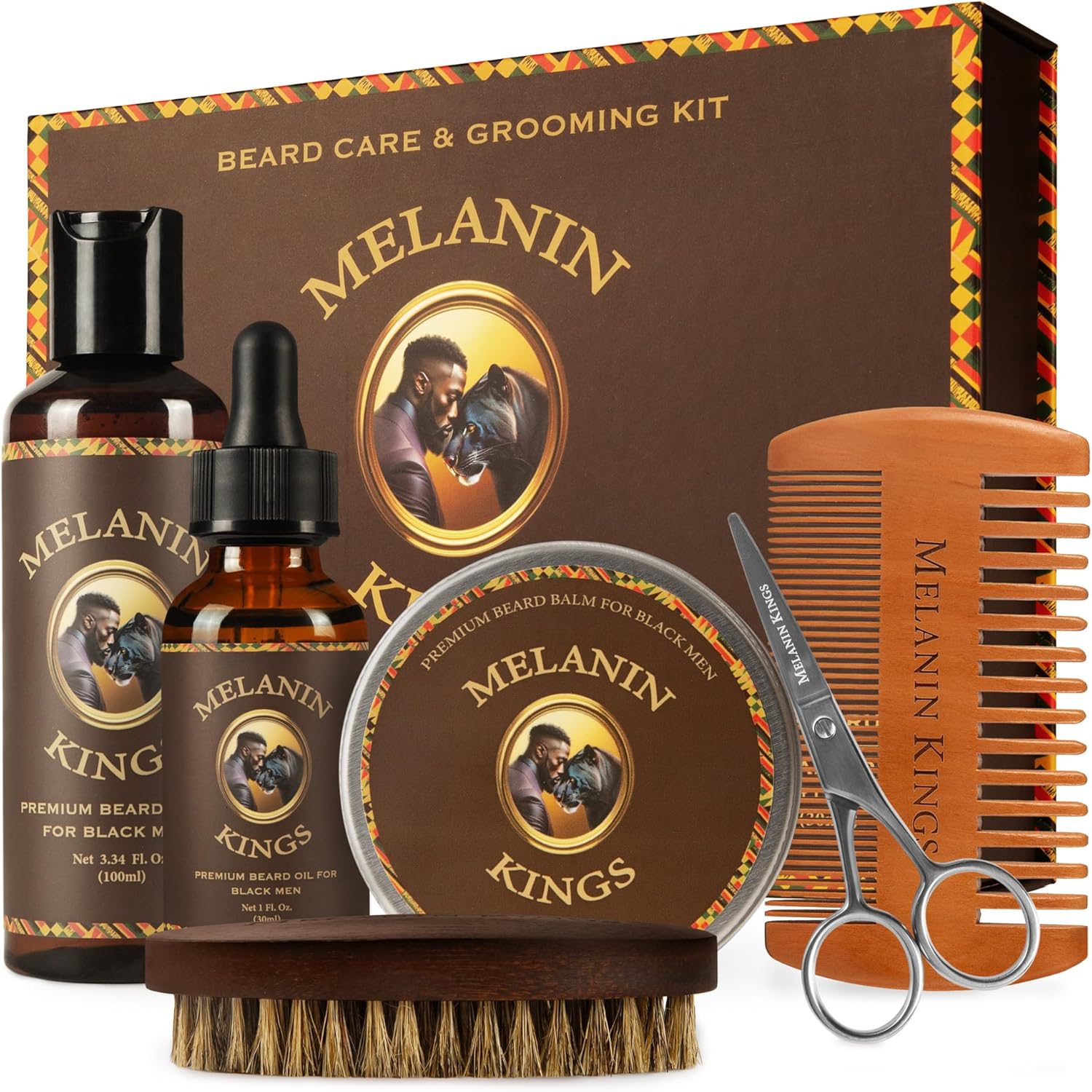 Melanin Kings Beard Grooming Kit for men featuring wash oil and tools