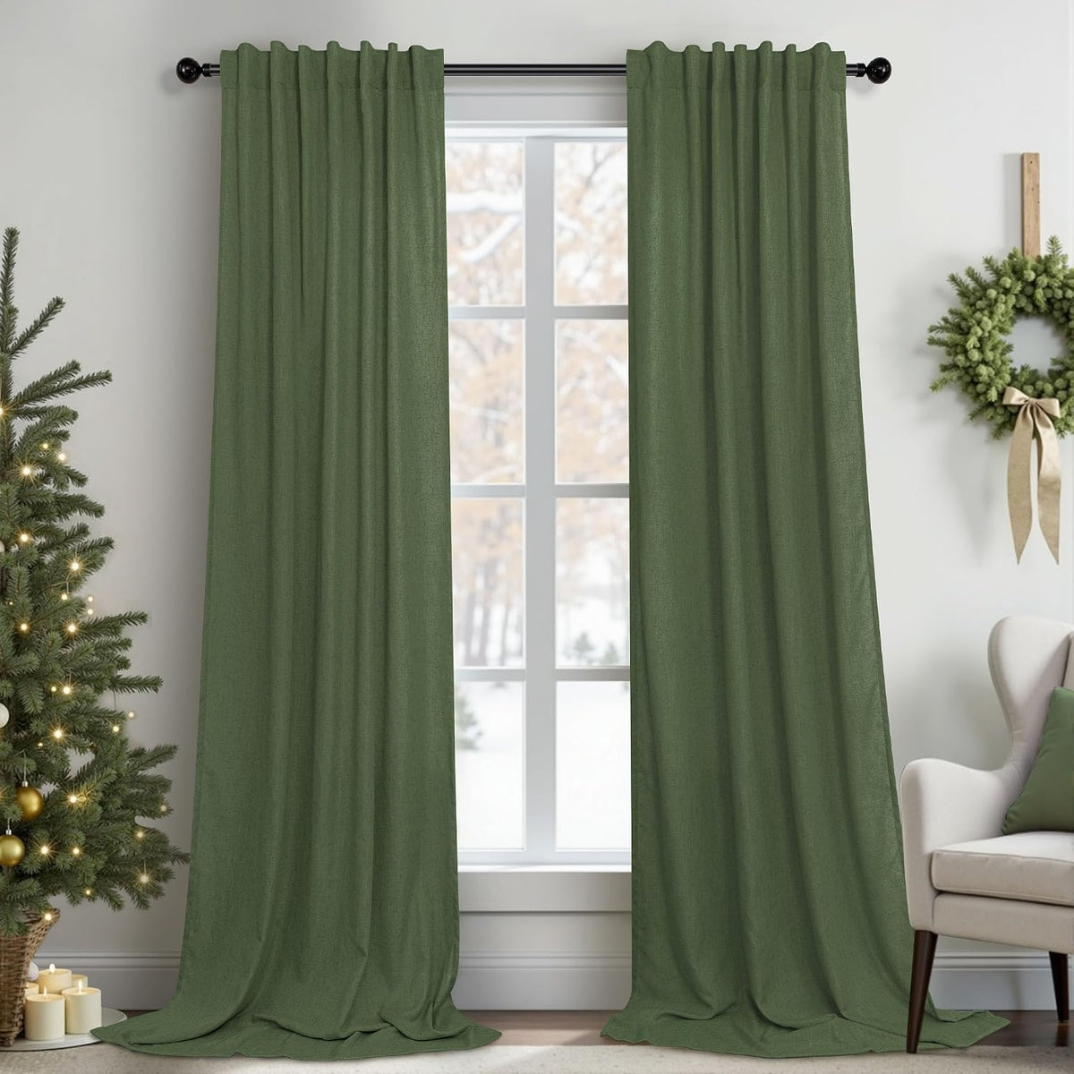 Pitalk olive green linen curtains front view in living room