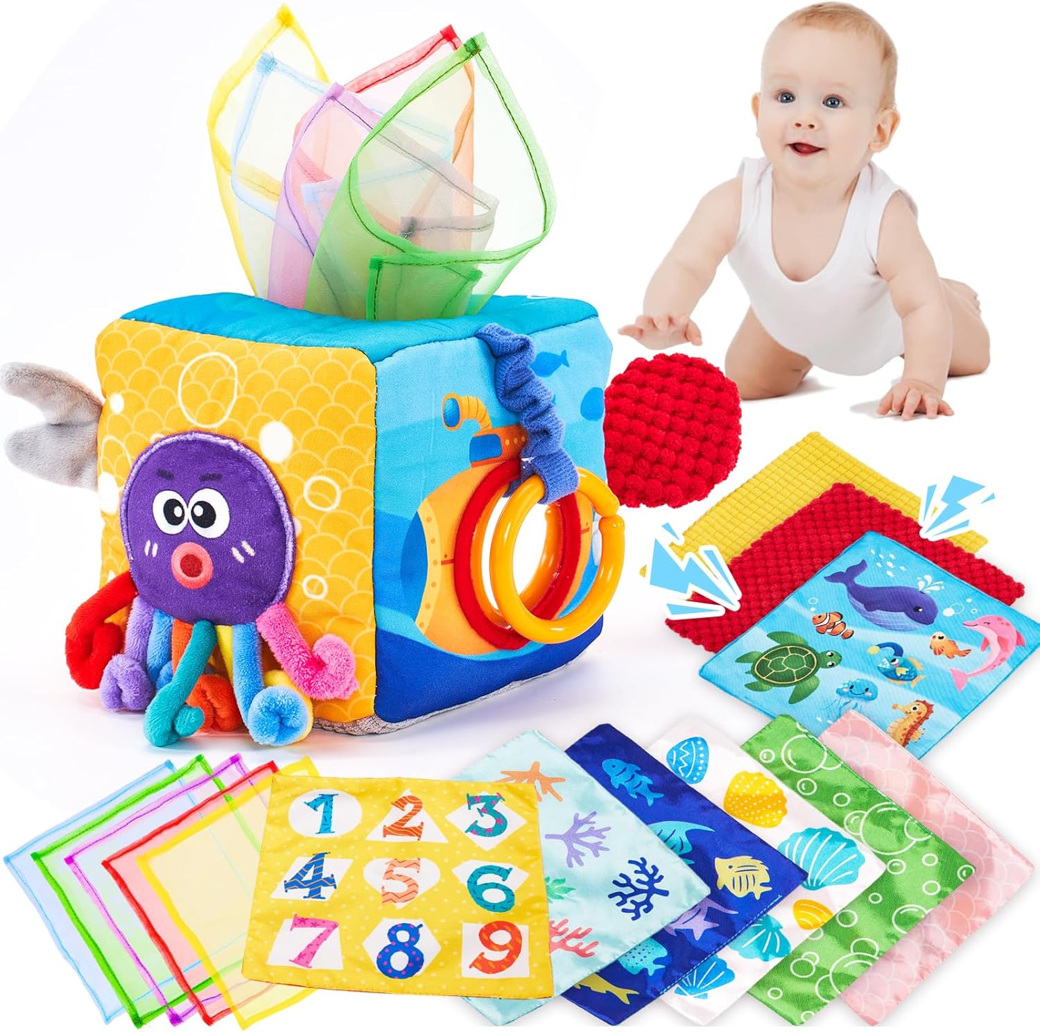 Hahaland Baby Tissue Box Toy front view with crinkle fabrics