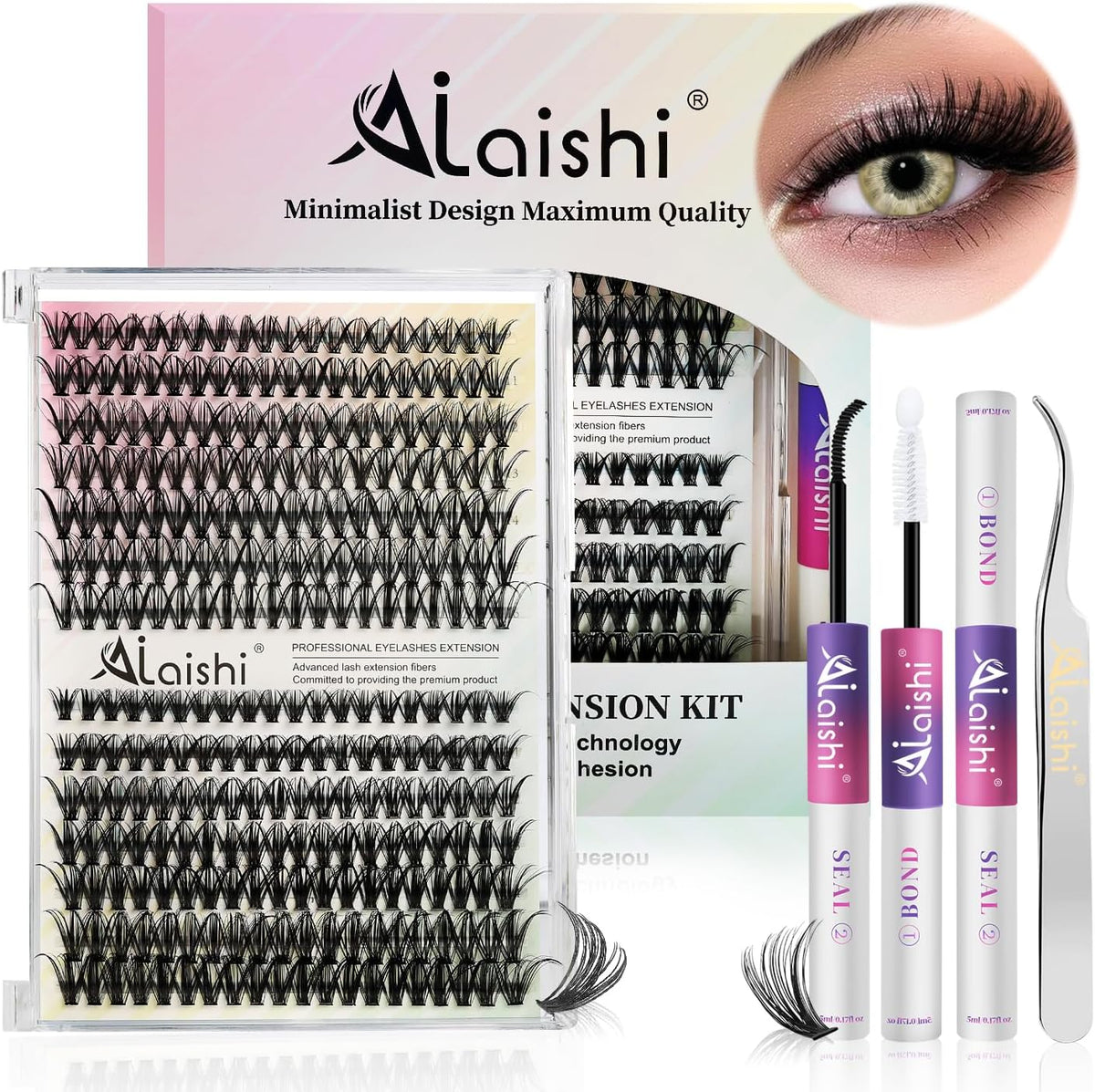 AILAISHI Lash Clusters Kit front packaging view featuring 280 individual D-curl eyelash clusters