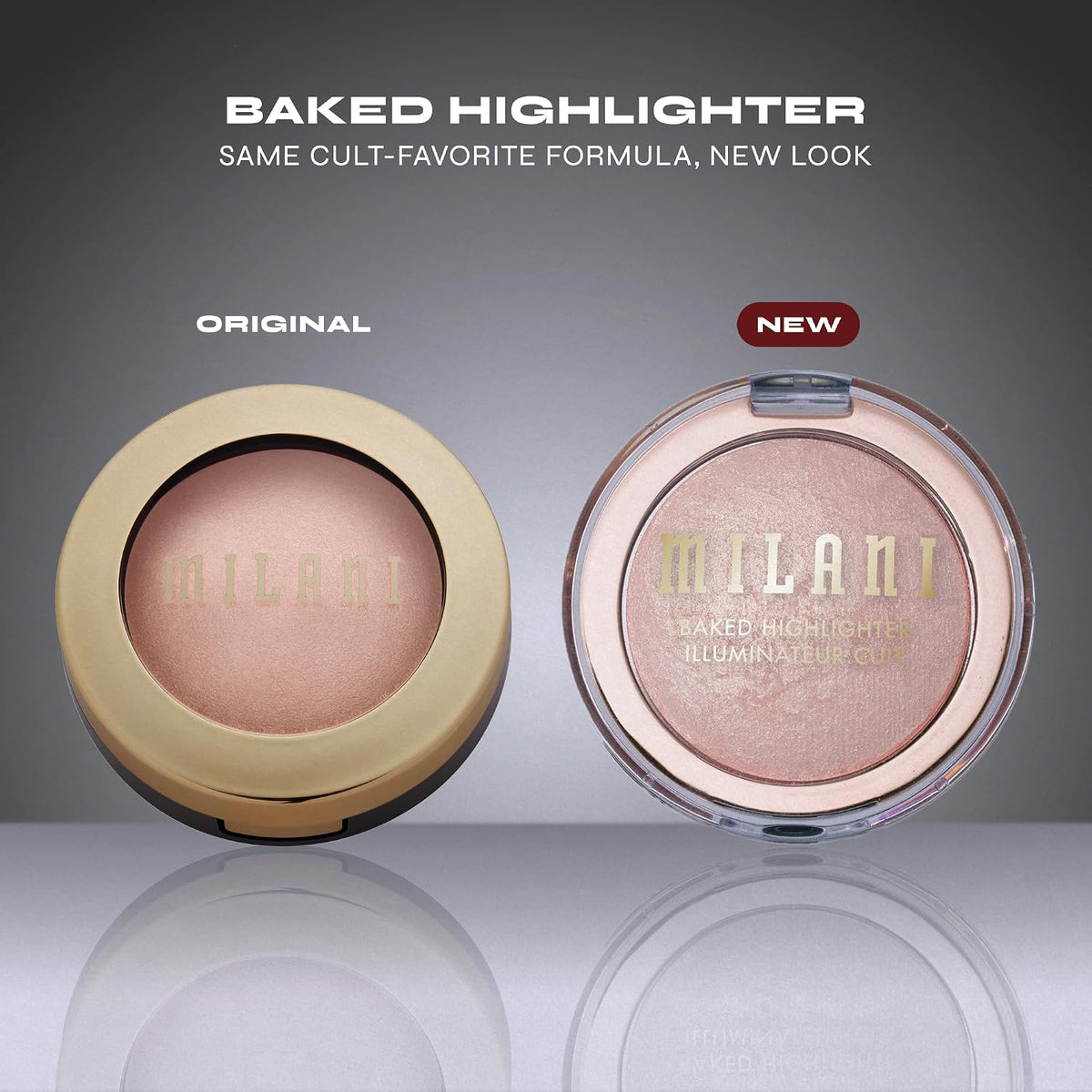 Lit from within finish champagne pink face highlighter packaging view.