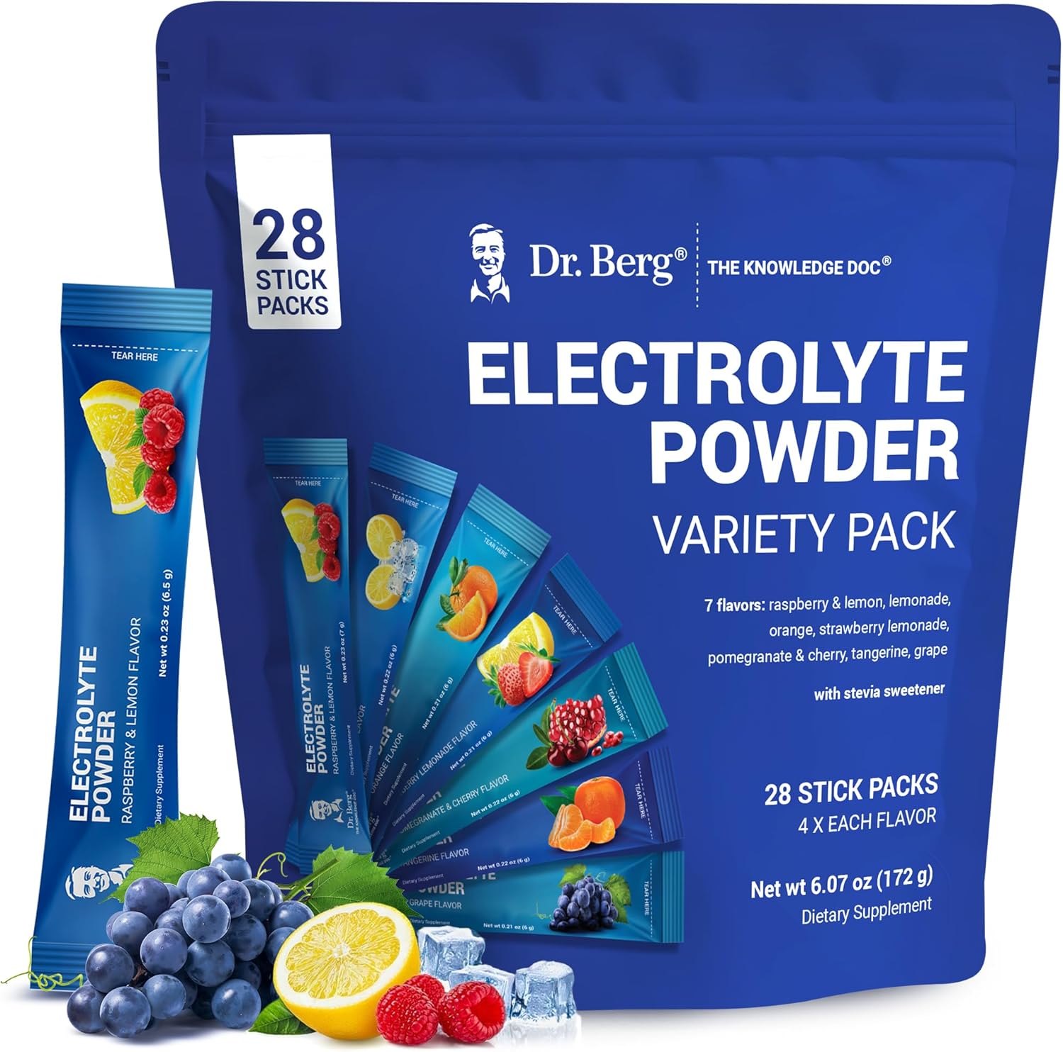 Dr. Berg Sugar Free Electrolyte Powder Packets Variety Pack front view showing packaging box.
