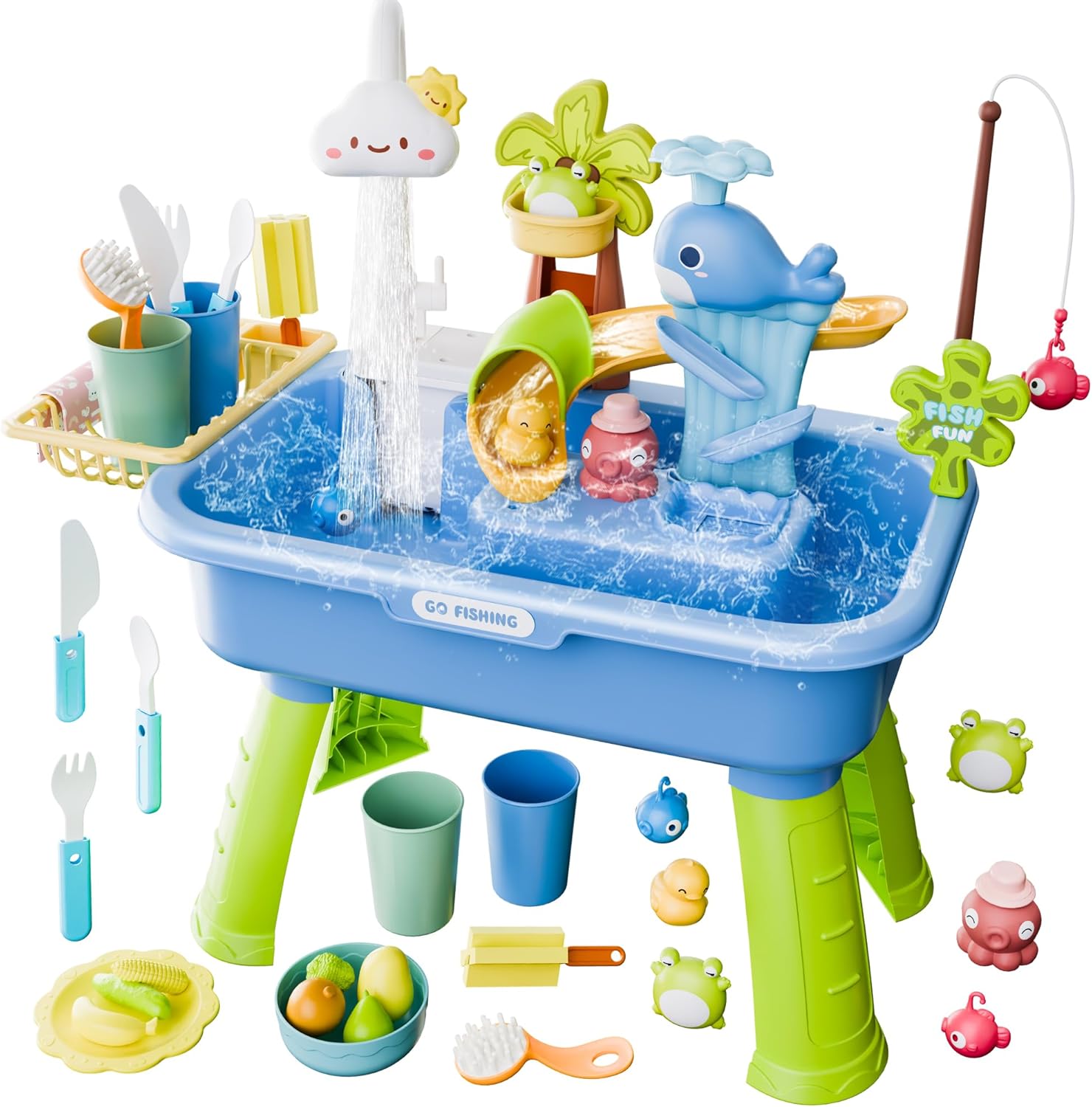 Cosminy upgraded toddler water table blue variant front view showing the cloud faucet