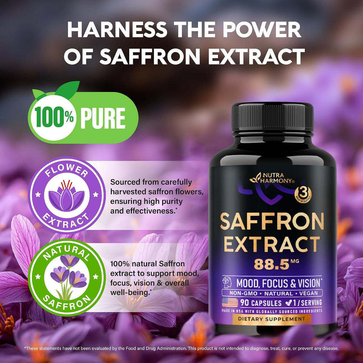 NutraHarmony Saffron extract vegan capsules poured out for daily wellness use.