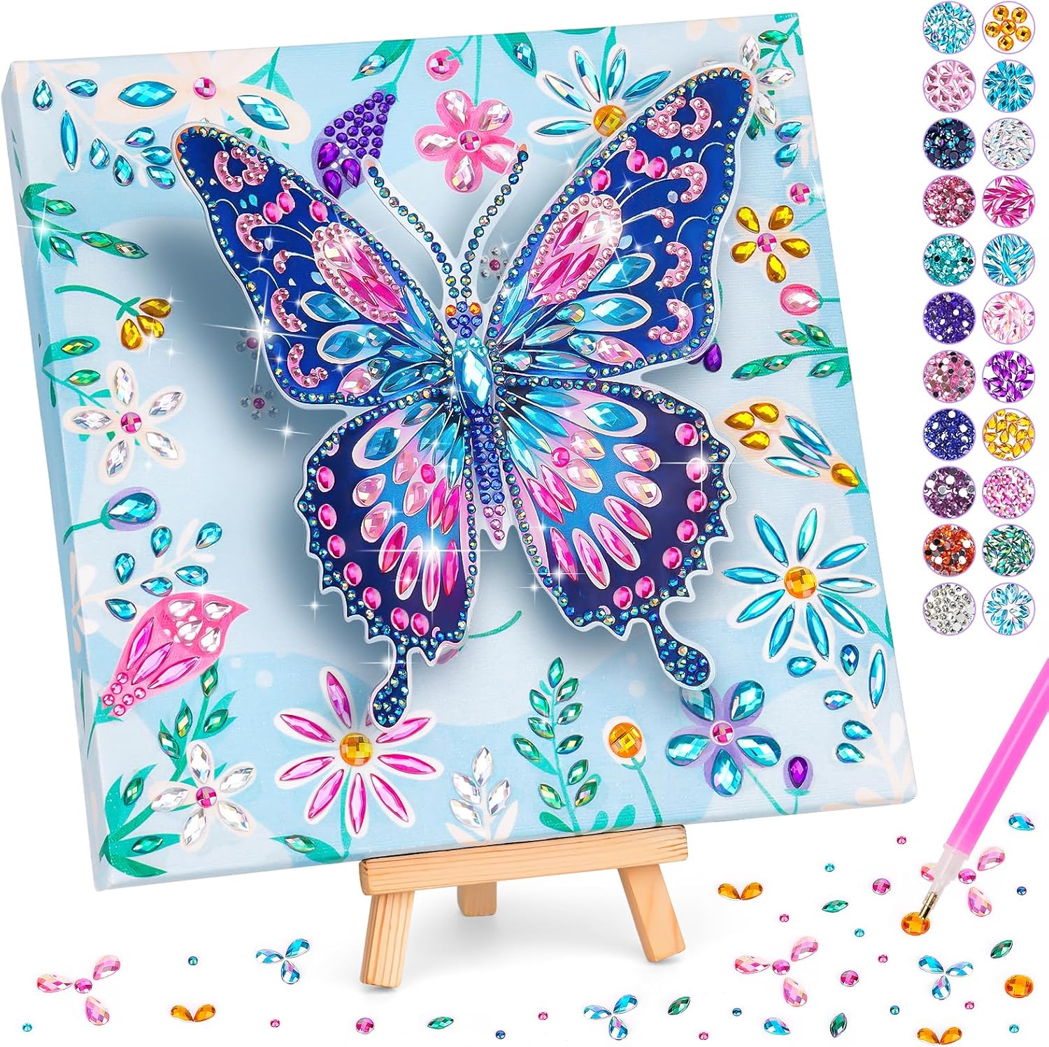 Celecstan Diamond Art Kit for kids front view showing packaged butterfly design canvas and colorful gems.