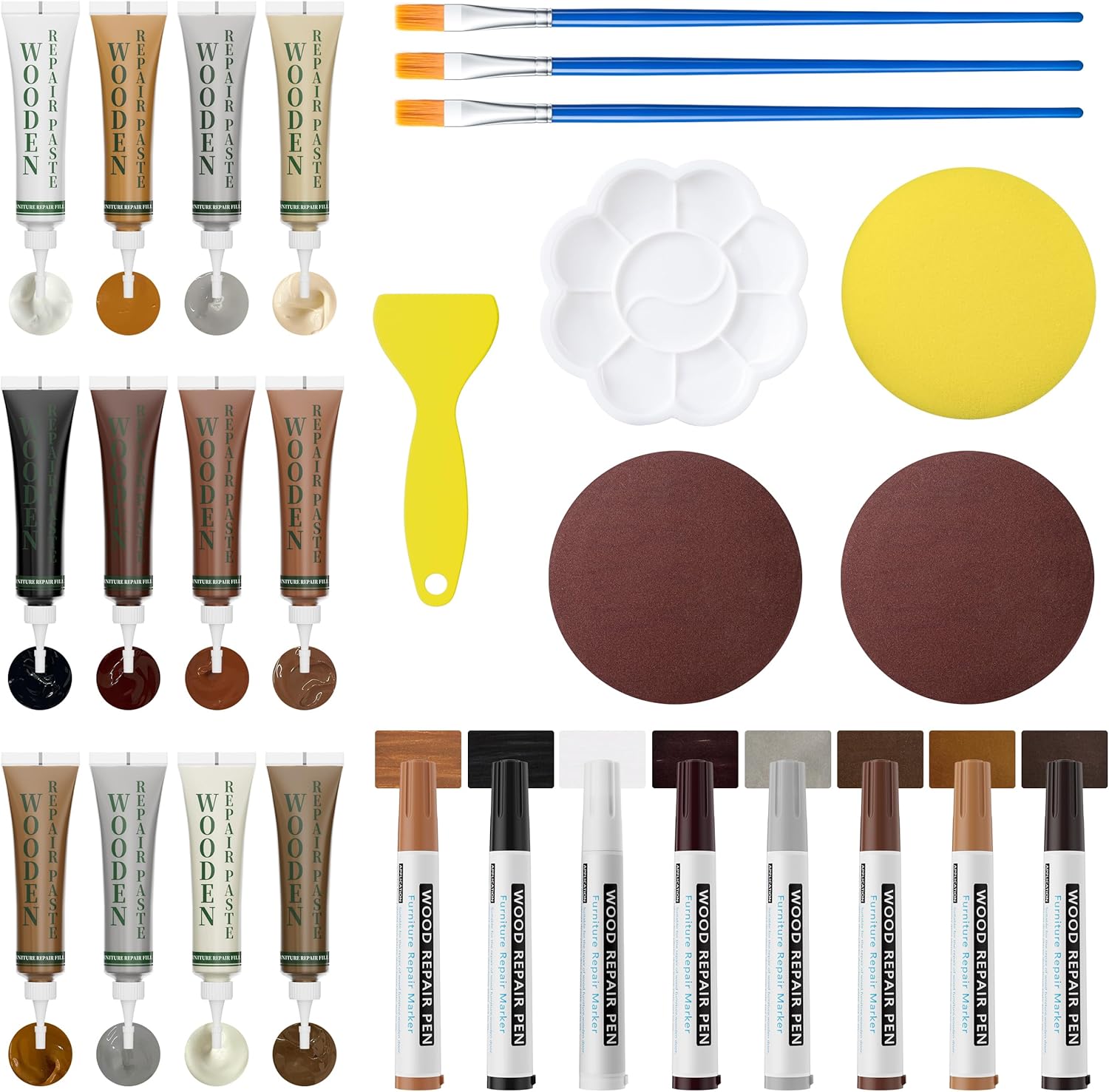 XCZNAGS wood repair kit front view showing twelve color fillers and eight markers for furniture restoration