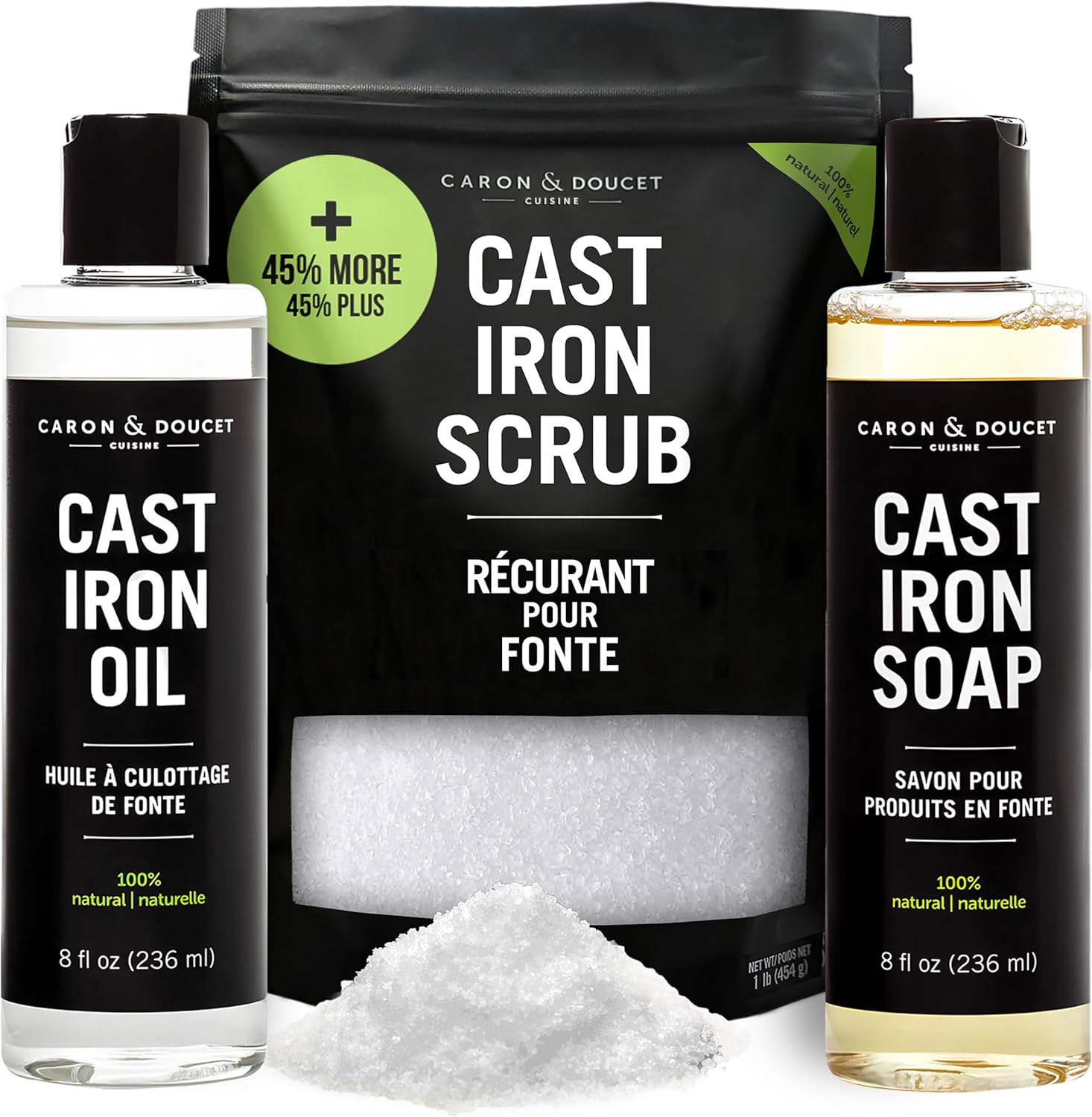 Caron And Doucet Ultimate Cast Iron Maintenance Set front view showing soap oil and salt scrub bottles