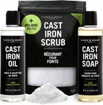Caron And Doucet Ultimate Cast Iron Maintenance Set front view showing soap oil and salt scrub bottles