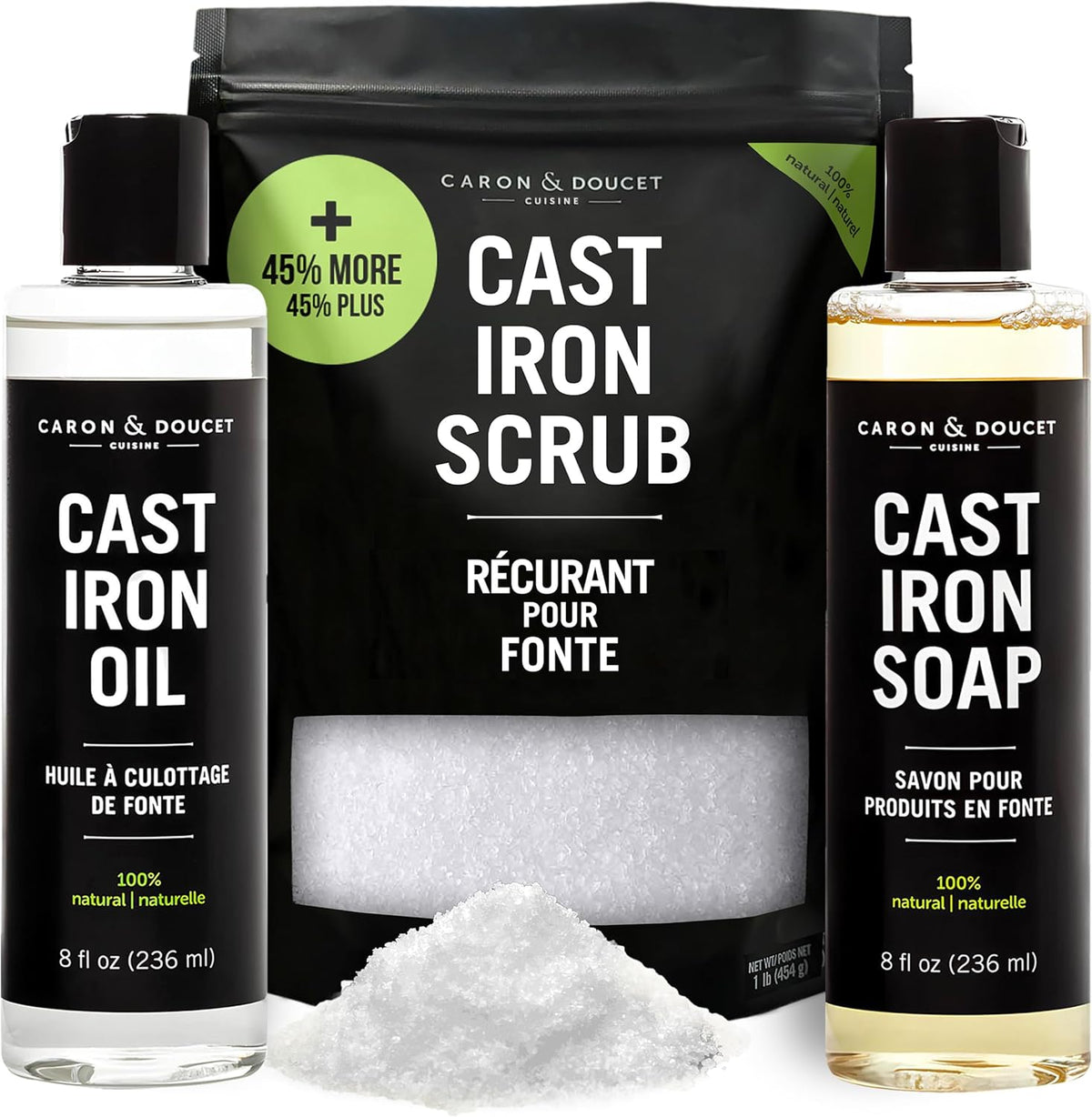 Caron And Doucet Ultimate Cast Iron Maintenance Set front view showing soap oil and salt scrub bottles