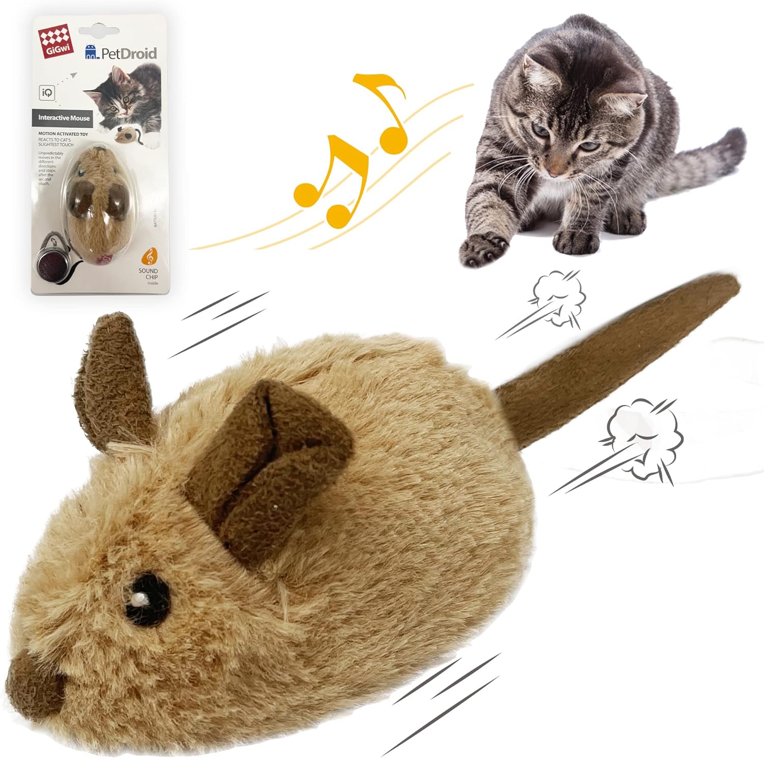 GiGwi Interactive Cat Toy Mouse front view showing realistic plush brown body and electronic sensor wheels.