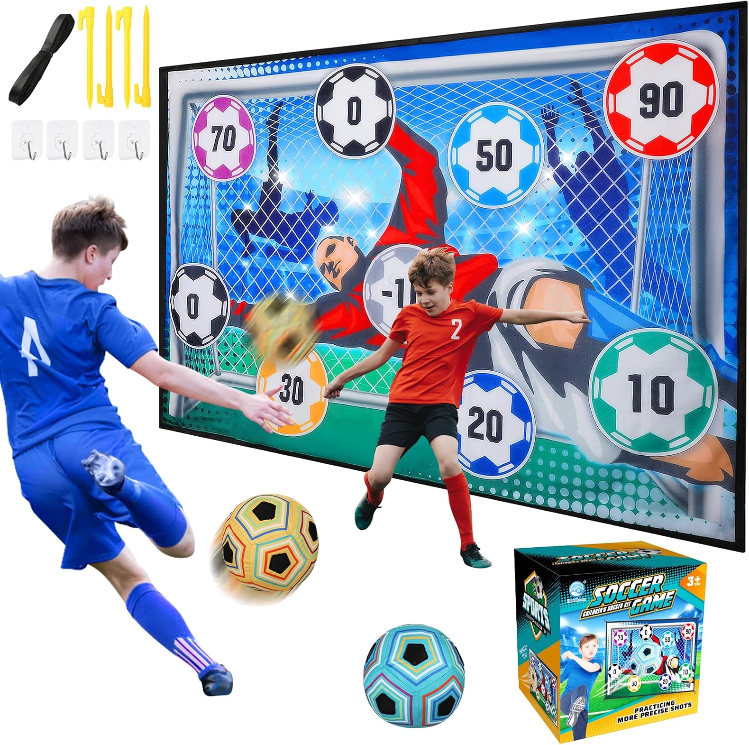 VATOS Kids Soccer Ball Game Set front view showing the large flannel target mat with colorful scoring zones and two soft velcro balls.
