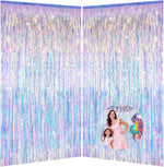 Runkuai iridescent party decorations fringe backdrop front view highlighting holographic shimmer