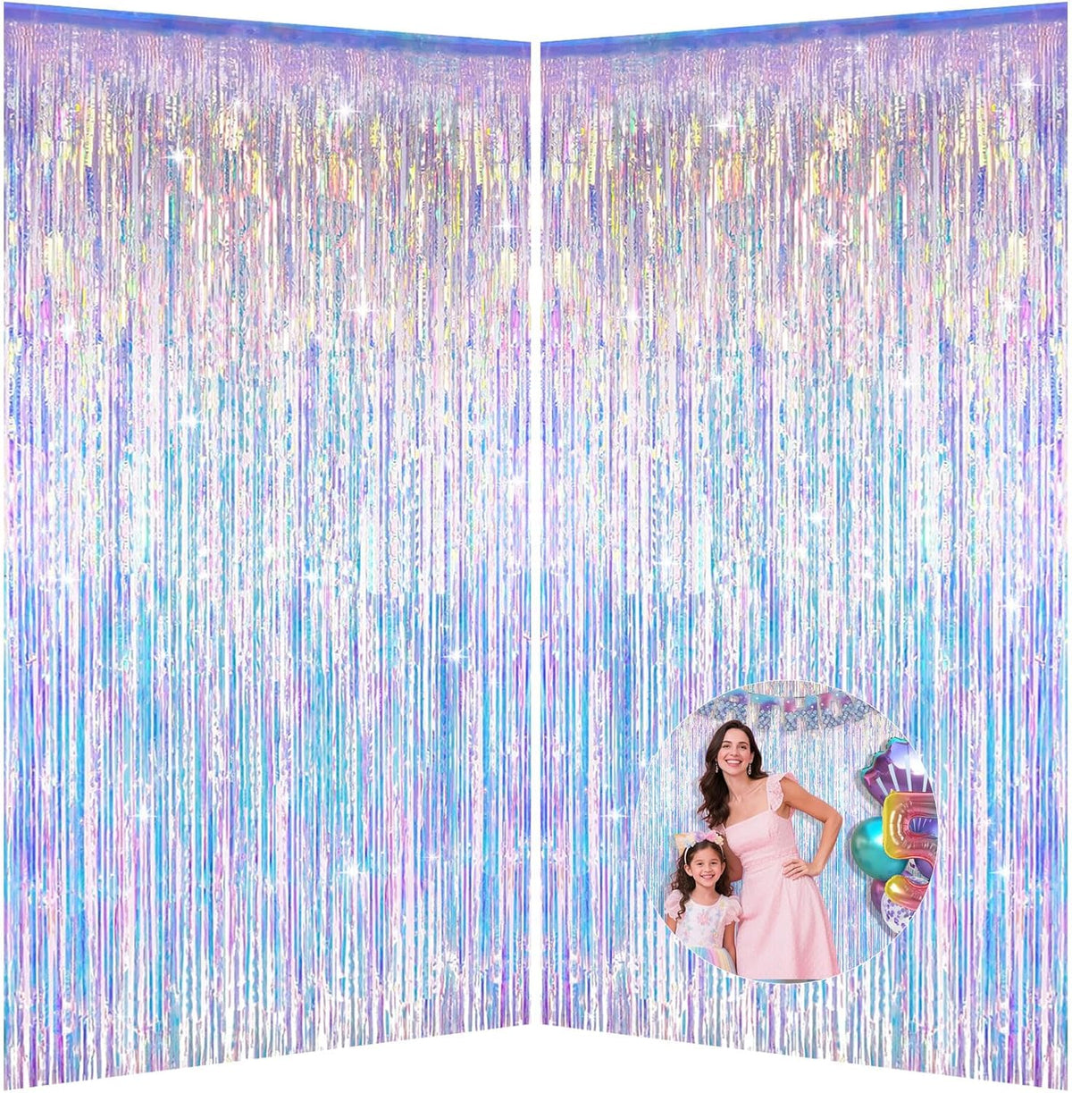 Runkuai iridescent party decorations fringe backdrop front view highlighting holographic shimmer