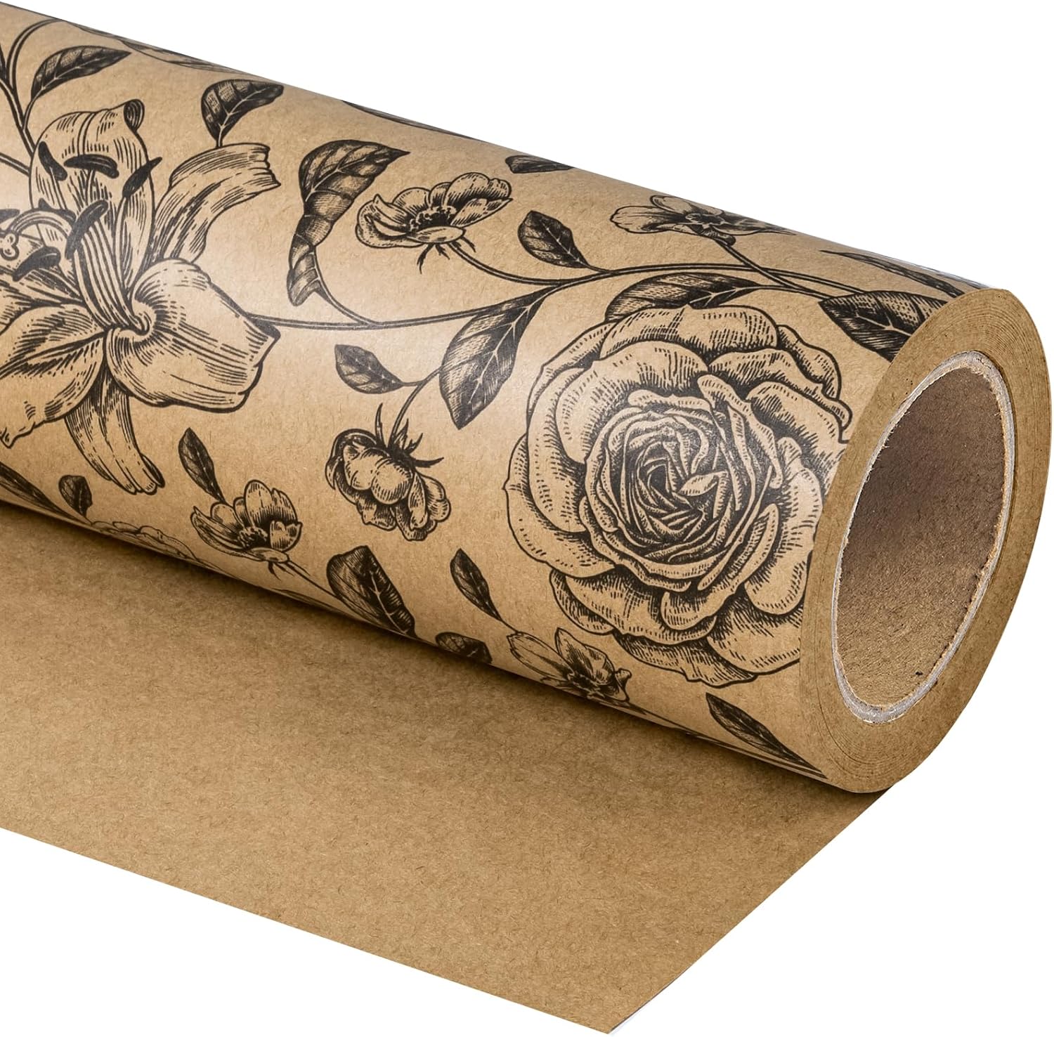 WRAPAHOLIC Kraft Floral Wrapping Paper Roll front view showcasing vintage black flower design on brown background