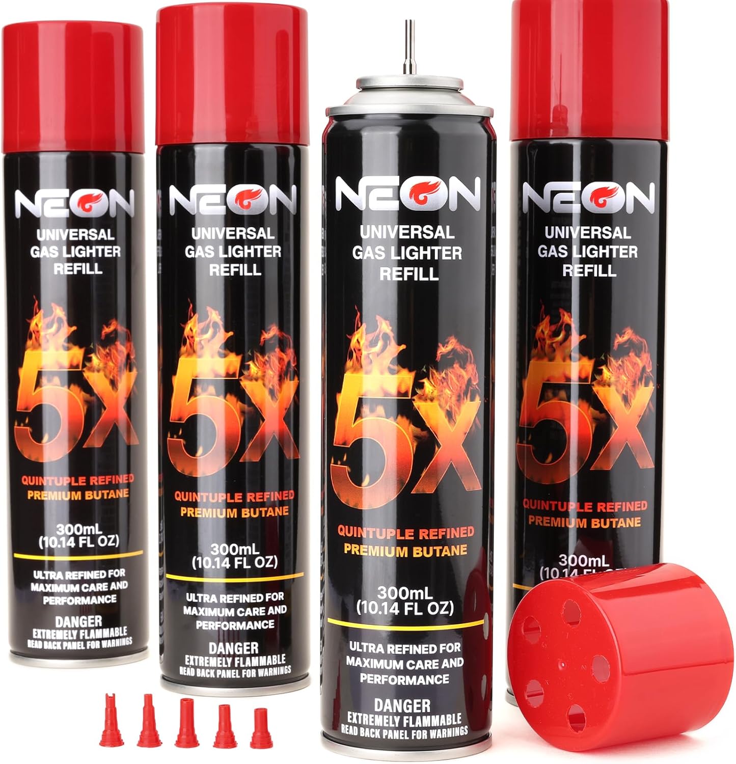 NEON Butane Fuel 300ml 4-pack front view for premium lighter refills.
