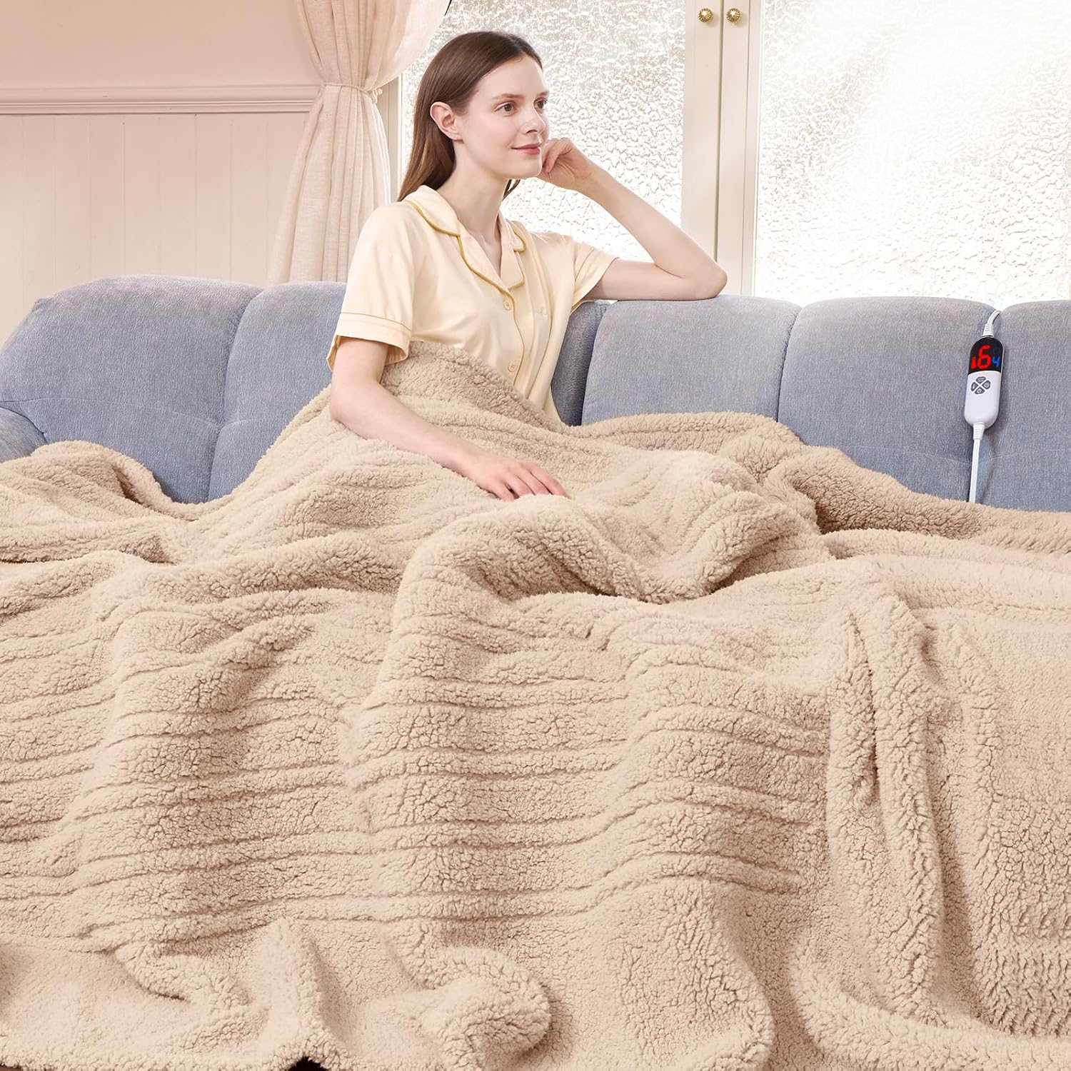 Luzarta full size heated blanket in beige front view