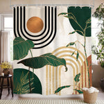Glawry Green Boho Shower Curtain front view featuring abstract mid century tropical palm design in a modern bathroom.