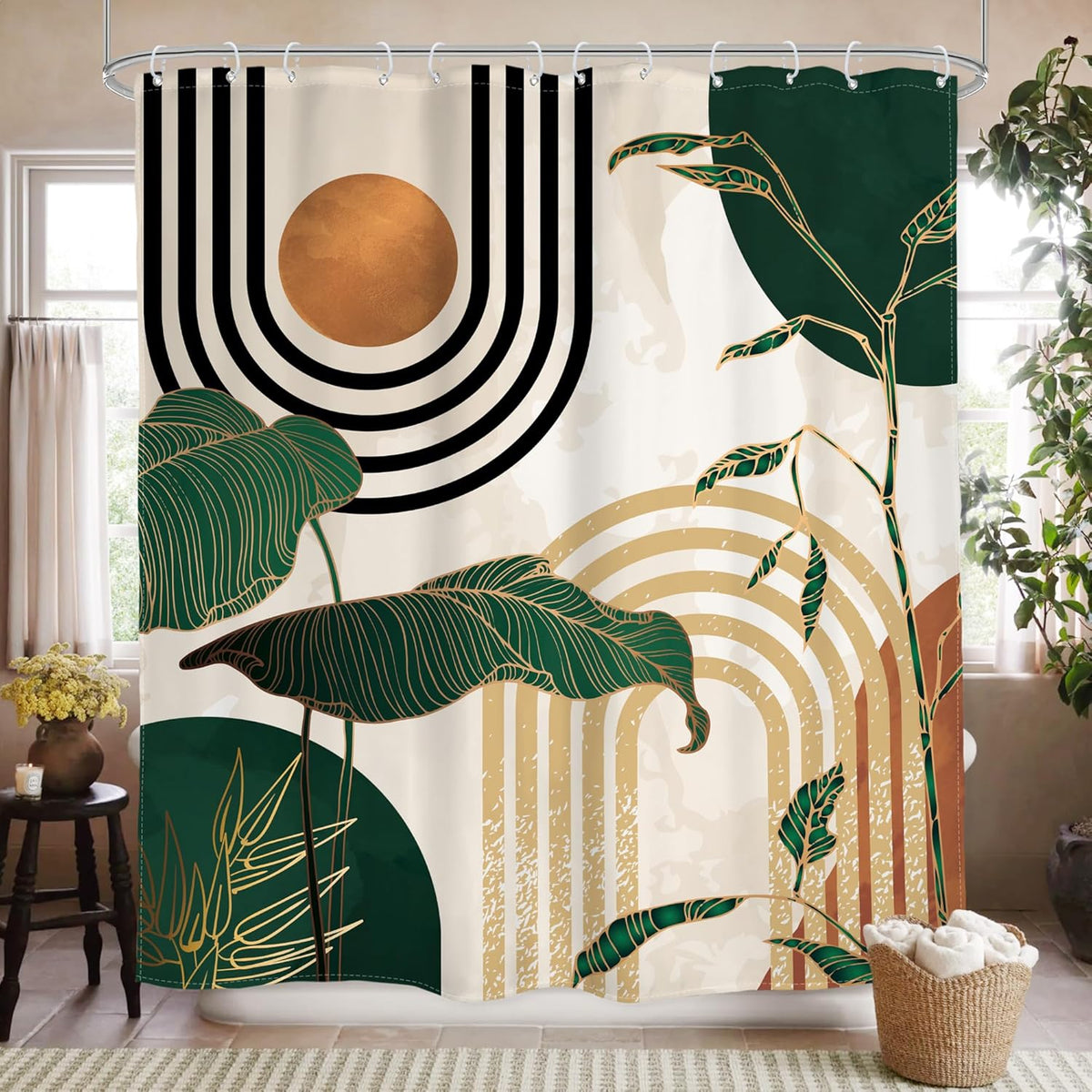 Glawry Green Boho Shower Curtain front view featuring abstract mid century tropical palm design in a modern bathroom.