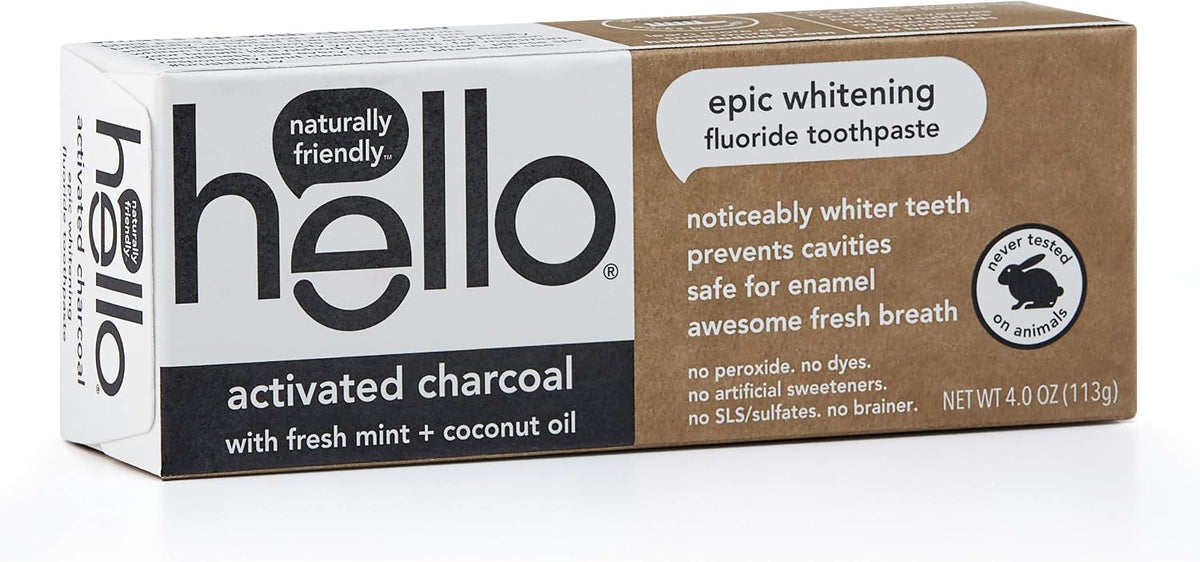 Hello activated charcoal fluoride whitening toothpaste front view tube packaging