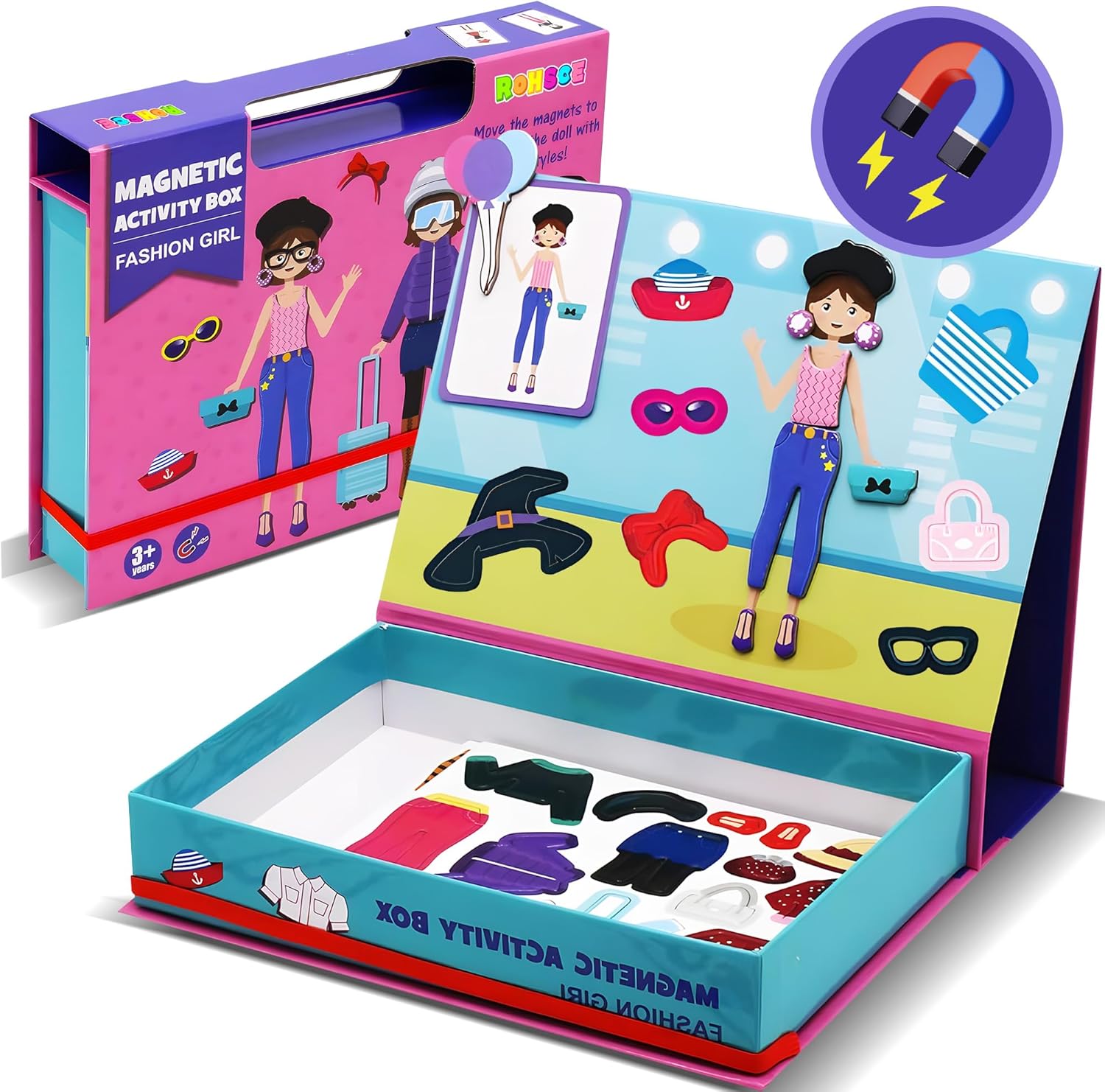 ROHSCE magnetic paper dolls dress up kit front view showing fashion girl styling pieces