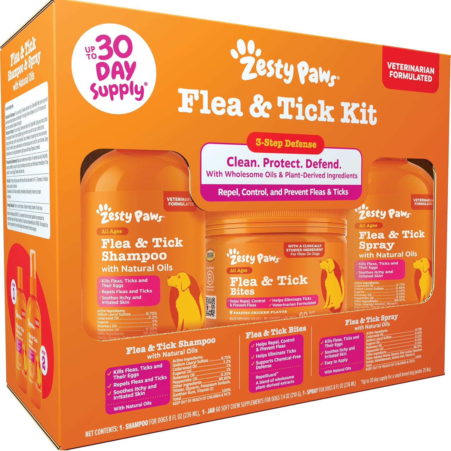 Zesty Paws Flea and Tick Kit for Dogs front view showcasing shampoo bottle spray and chews container.