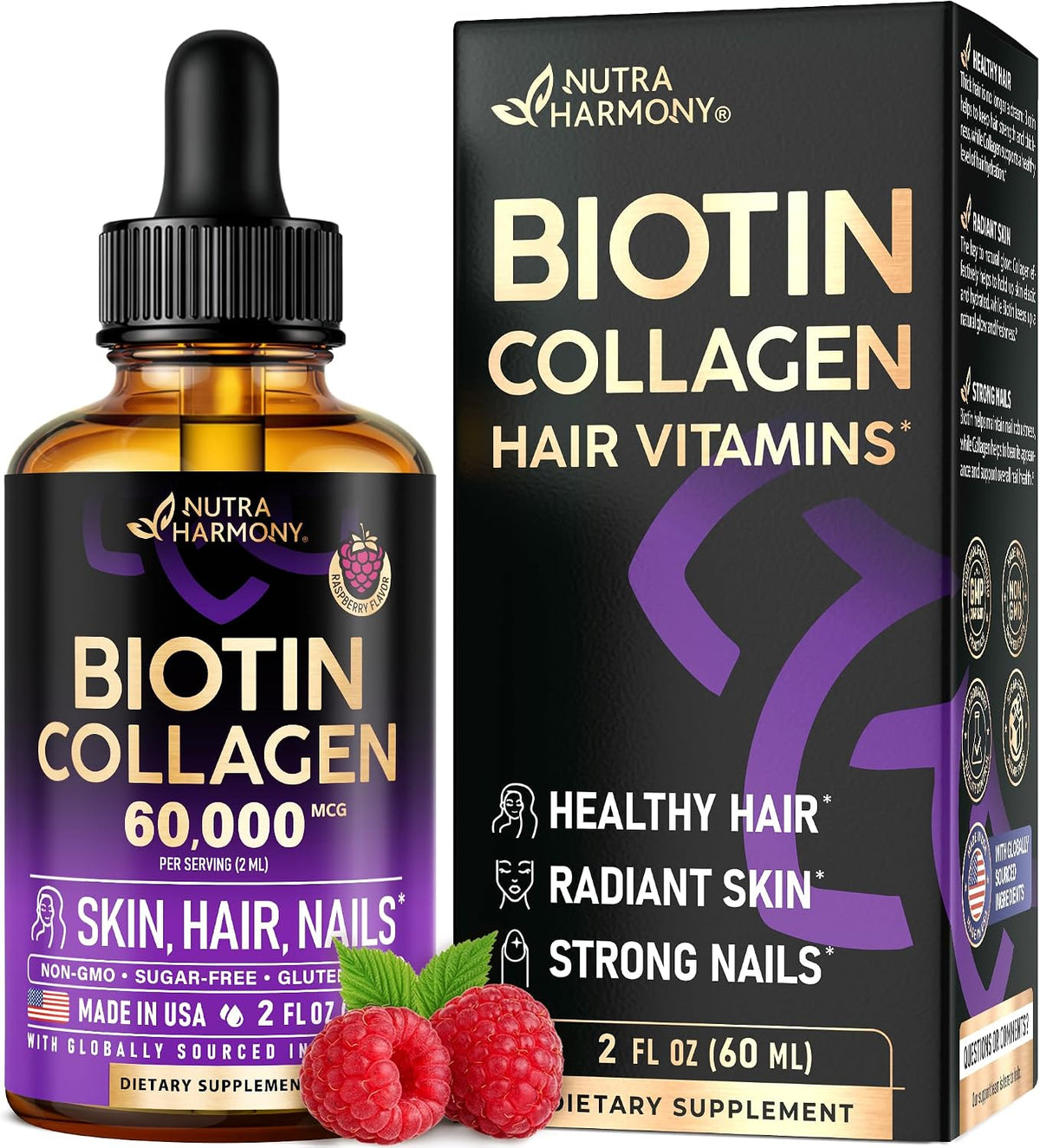 Liquid Biotin & Collagen 60,000mcg - Biotin for Hair Growth Support - 4 Oz | Liquid Collagen Supplement & Biotin - Extra Strength Drops for Women & Men - Strong Nails & Healthy Skin - Raspberry Flavor - Image 10