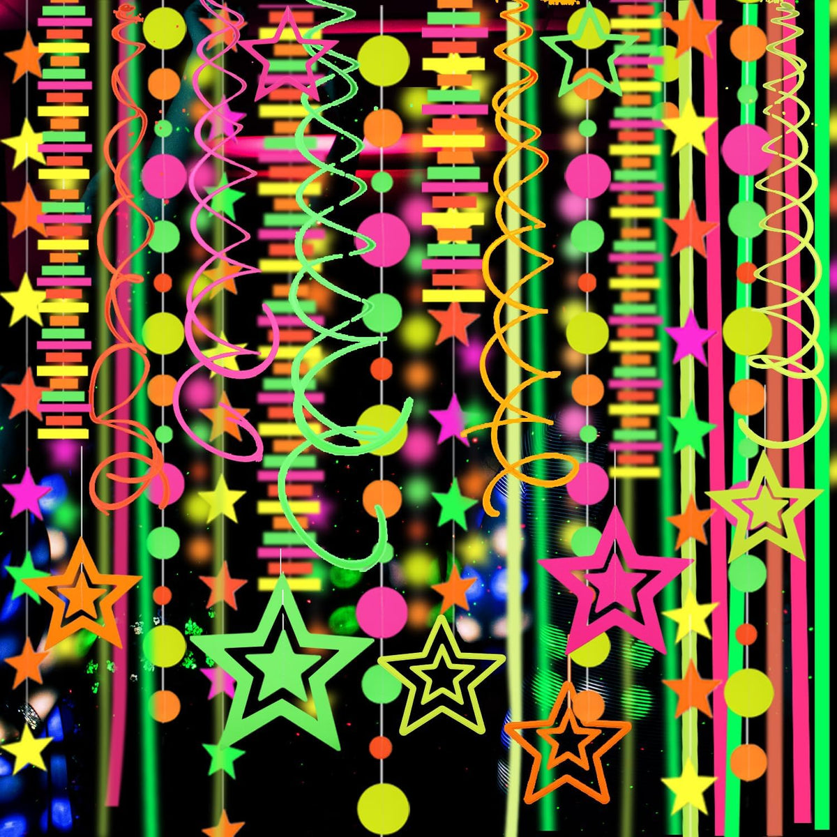 MFLUEEWR UV neon garland front view showing star and round dot configurations.