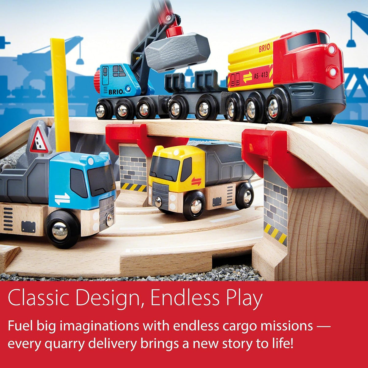 Brio wooden track layout with working crane and magnetic boulders