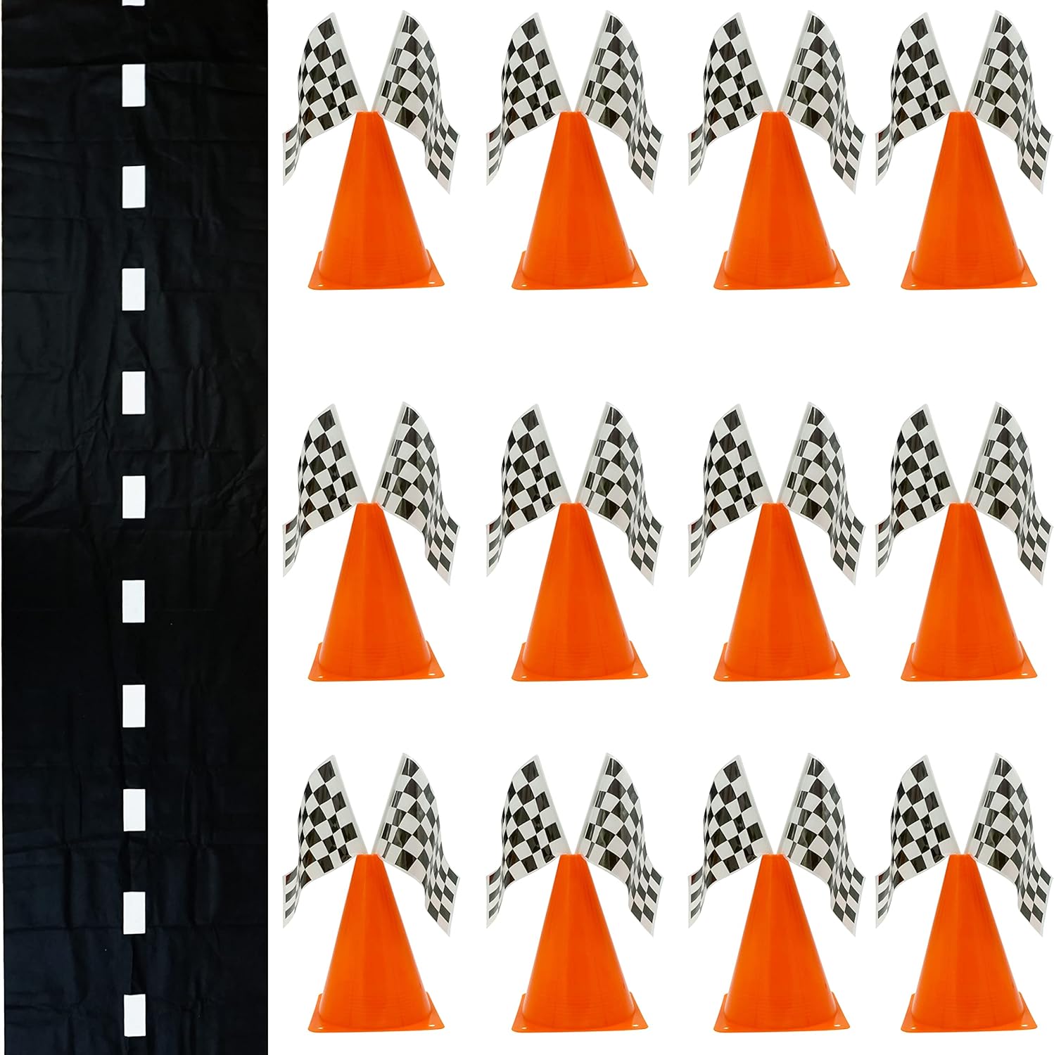4E's Novelty 38 piece racing party kit front view with cones and flags