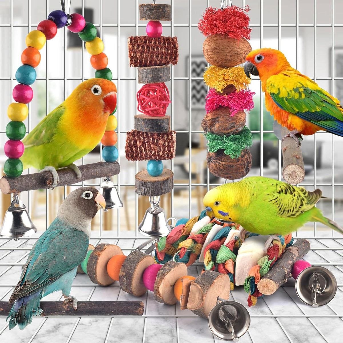 Bissap parrot hanging toys collection with loofah and corn husks for cockatiels