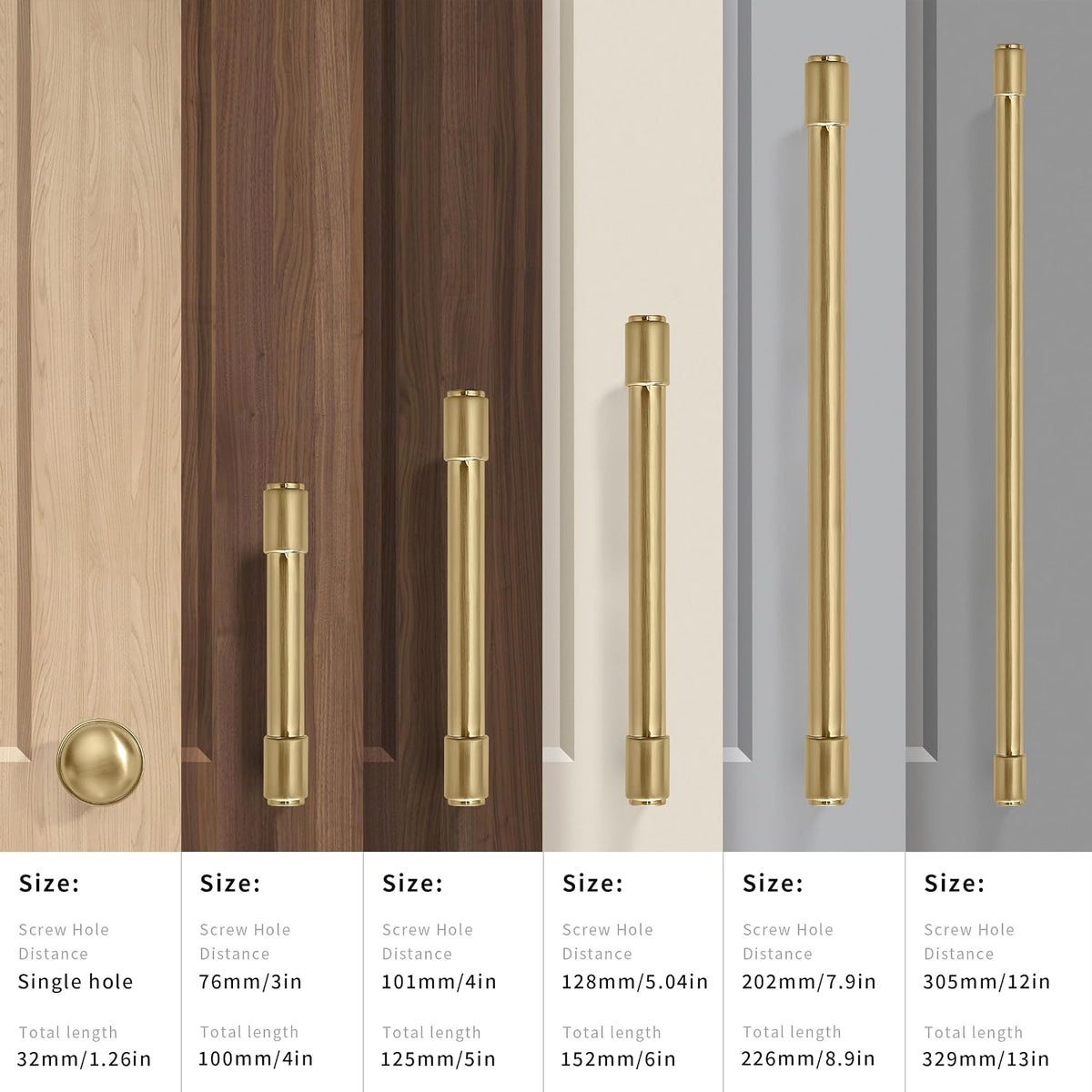Full 10 pack of gold cabinet handles laid out together.