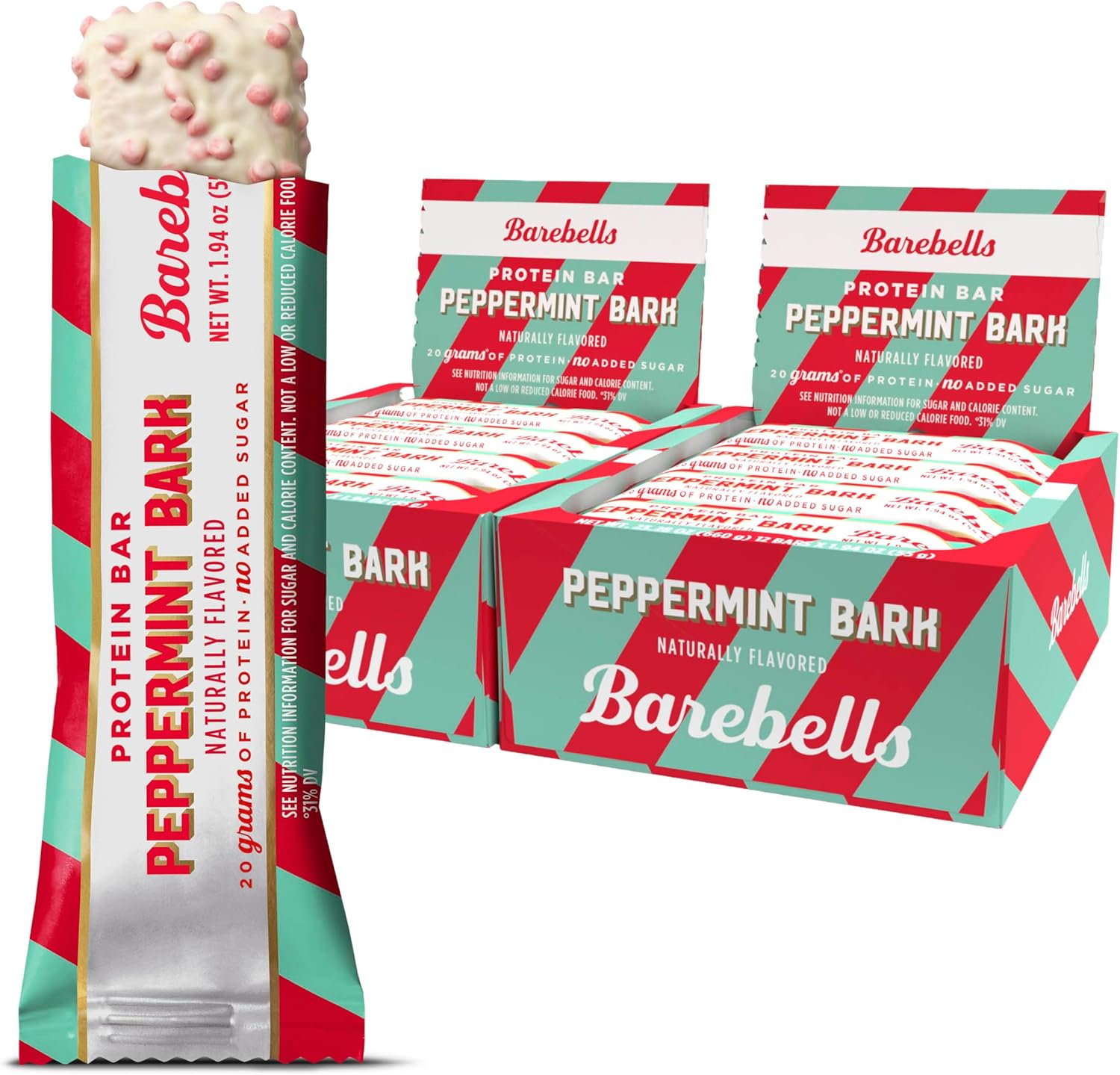 Barebells Peppermint Bark protein bars 24 count box front view