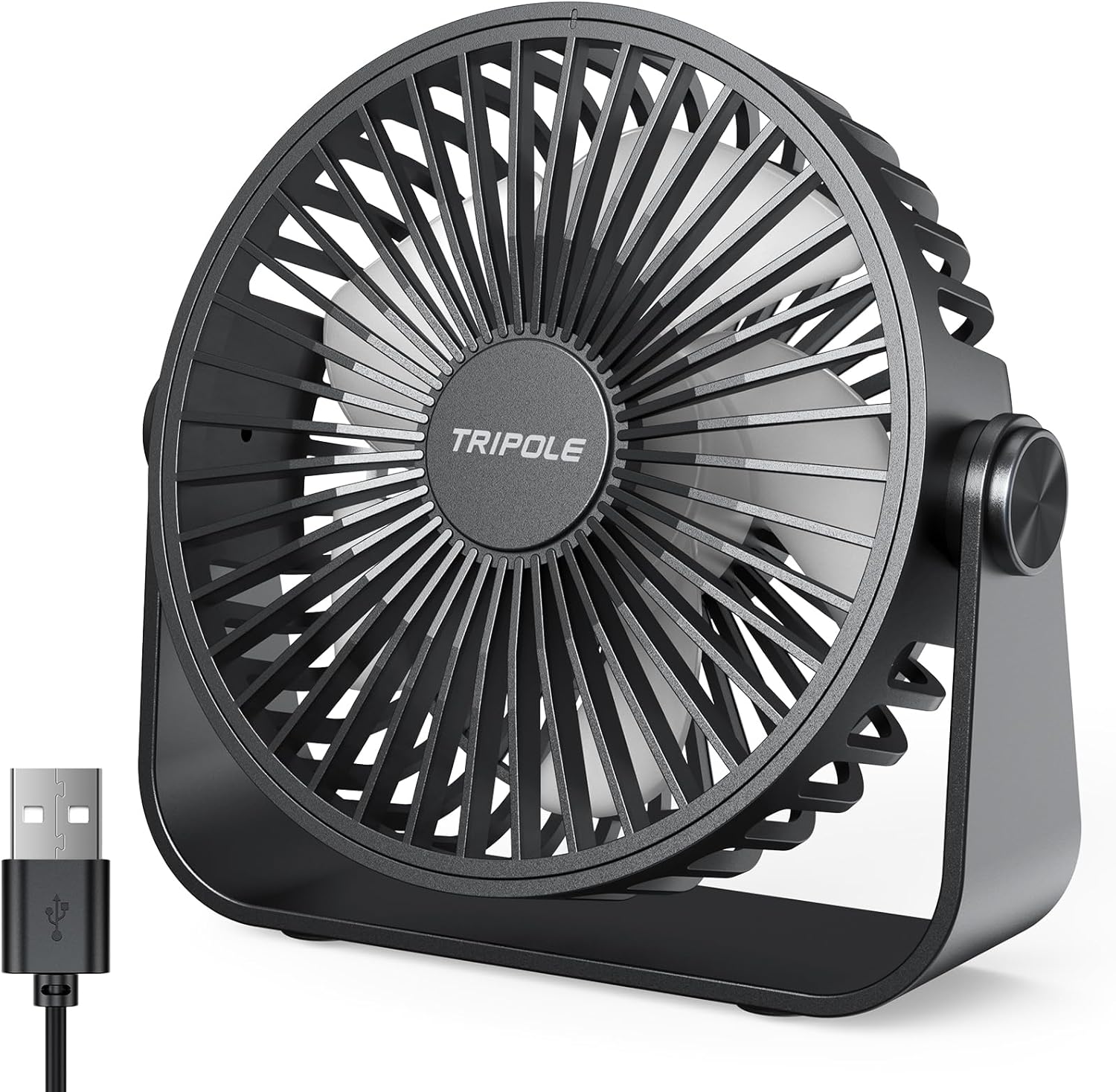 TriPole USB Desk Fan front view showing sleek black compact personal cooling design on an office desktop