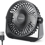 TriPole USB Desk Fan front view showing sleek black compact personal cooling design on an office desktop