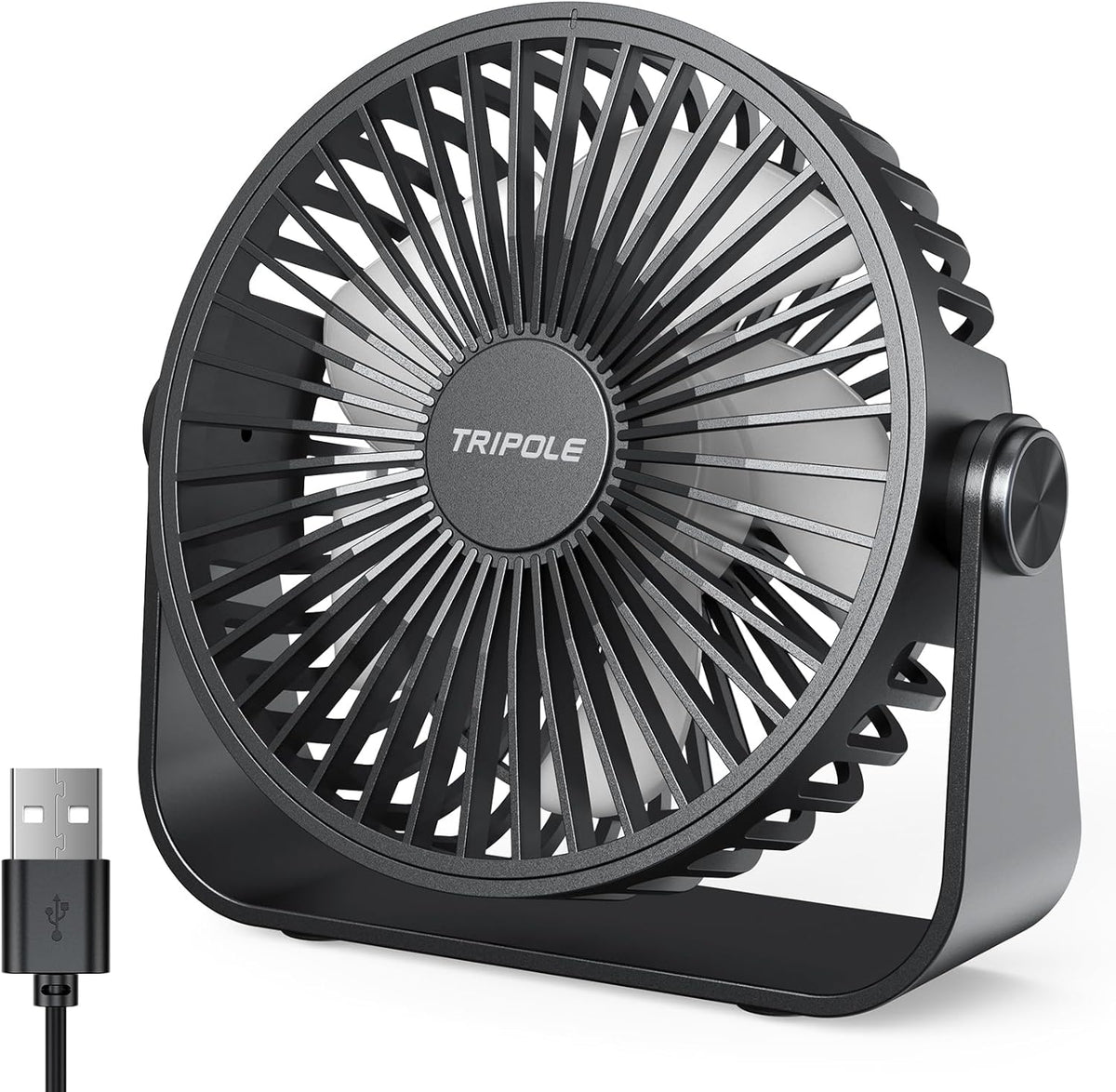 TriPole USB Desk Fan front view showing sleek black compact personal cooling design on an office desktop