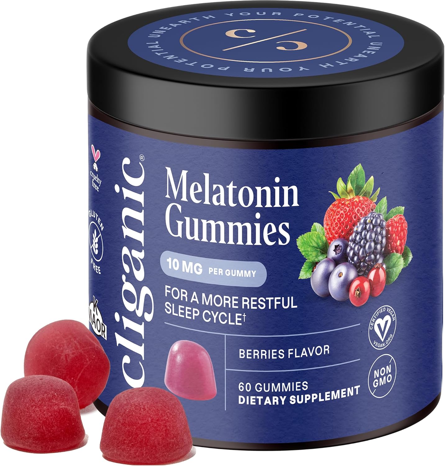 Cliganic Melatonin 10 mg Gummies front view jar showcasing berry flavor adult sleep aid supplement.