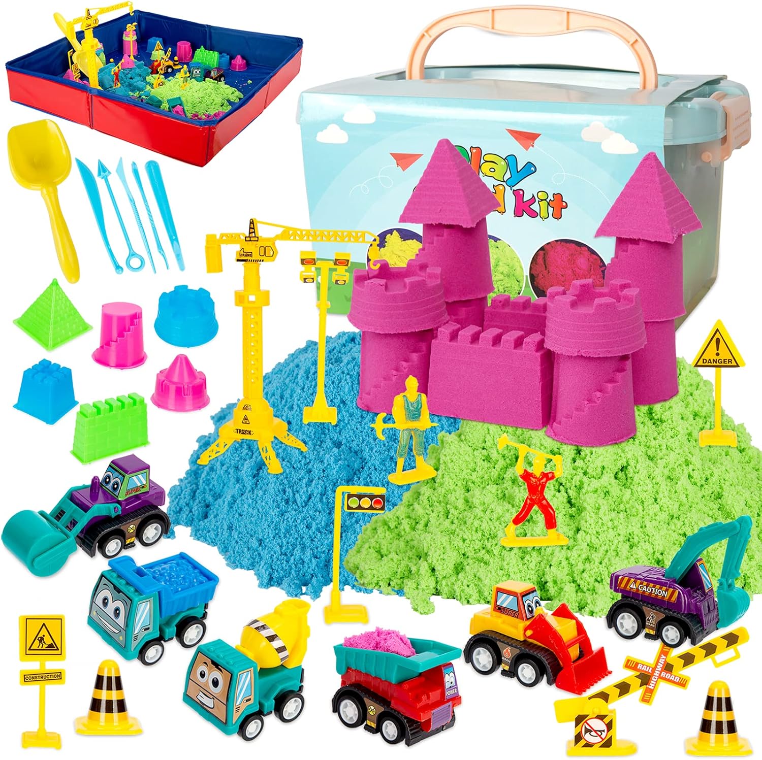 ThinkMax sand kit for kids front view with construction toys
