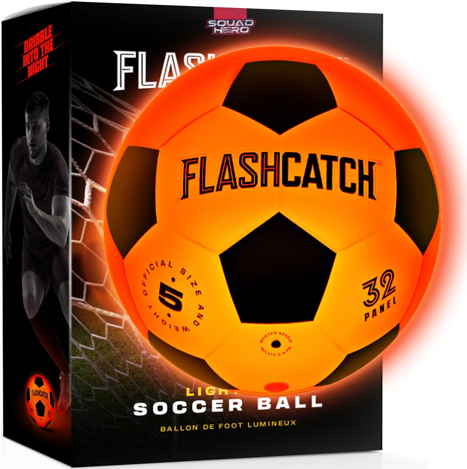 FlashCatch light up soccer ball size 5 front view glowing brightly in the dark