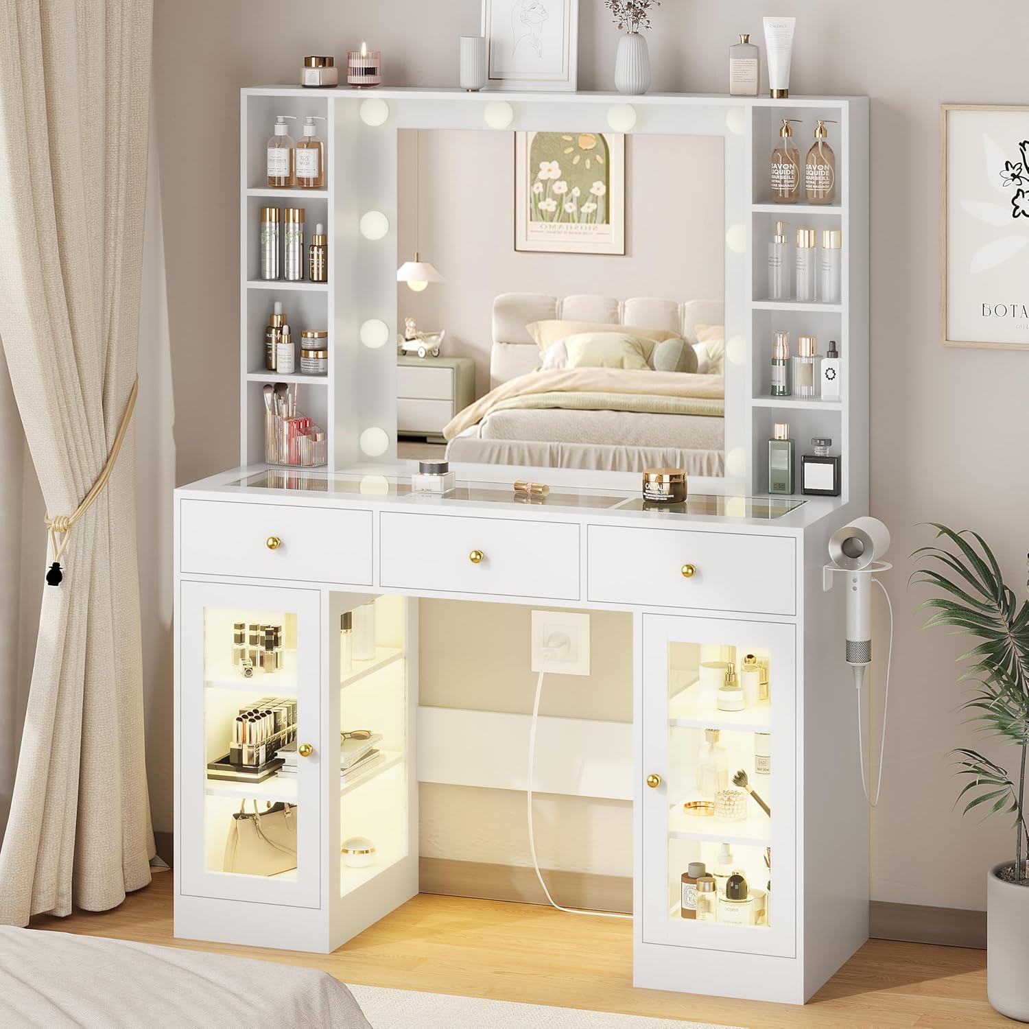 HUANLEGO white vanity desk with mirror and lights front view setup in a modern bedroom