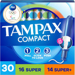 Tampax Compact Pearl Tampons 30 Count front pack view showing Super and Super Plus variety.