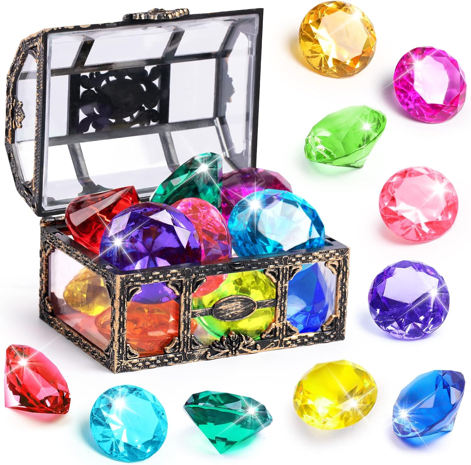 DISHIO diving gem pool toy front view showing the vintage pirate treasure chest filled with colorful acrylic diamonds
